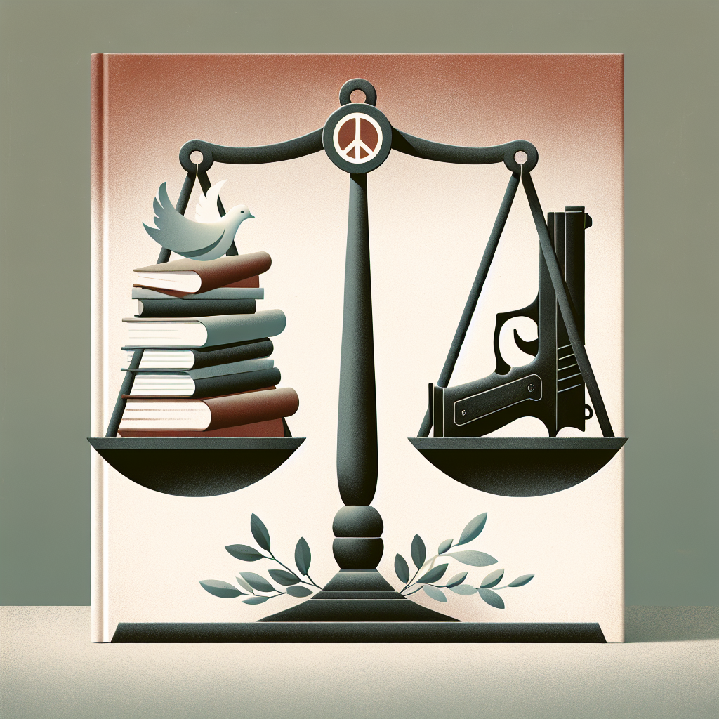 An abstract interpretation of a book titled 'Gun Control Legislation: Effective Strategies to Curb Gun Violence'. The cover features a pair of scales in equilibrium, one side having a pile of papers symbolizing legislation while the other holds a stylized image of a firearm. Elements of peace, like doves or olive branches, subtly incorporated into the background. This image is rendered in a neutral and balanced color scheme, reflecting the serious topic it's addressing.