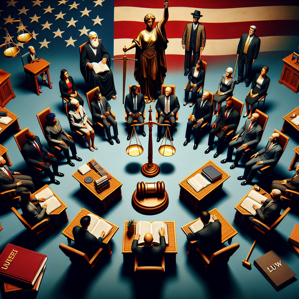 Create an image to depict the scale, intensity, and intricacy of high-profile criminal trials in the United States. The image should contain a gavel, a scale of justice, the American flag, and law books. Additionally, include a diverse group of people, representative of a jury deck. Ensure the people are a mix of different genders (male, female, non-binary) and different descents (Caucasian, Hispanic, Black, Middle-Eastern, South Asian). Illustrate a sense of anticipation akin to a 'must-see verdict', but do not depict any specific public figures or identifiable persons. Aim for a realistic style, clear details, and bright, somber colors.
