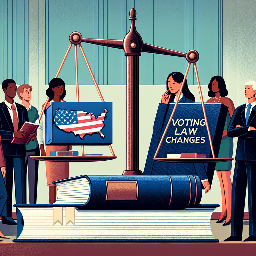 Illustration of a balanced scale standing on a desk, with one side laden with a large book titled 'Voting Law Changes' and the other a United States map. The scales are in a room filled with diverse individuals intently studying the scales – an Asian female law student, a Black male lawyer, a White female policy analyst, and a Hispanic male elections officer. These individuals represent a cross-section of professionals affected by voting law changes.