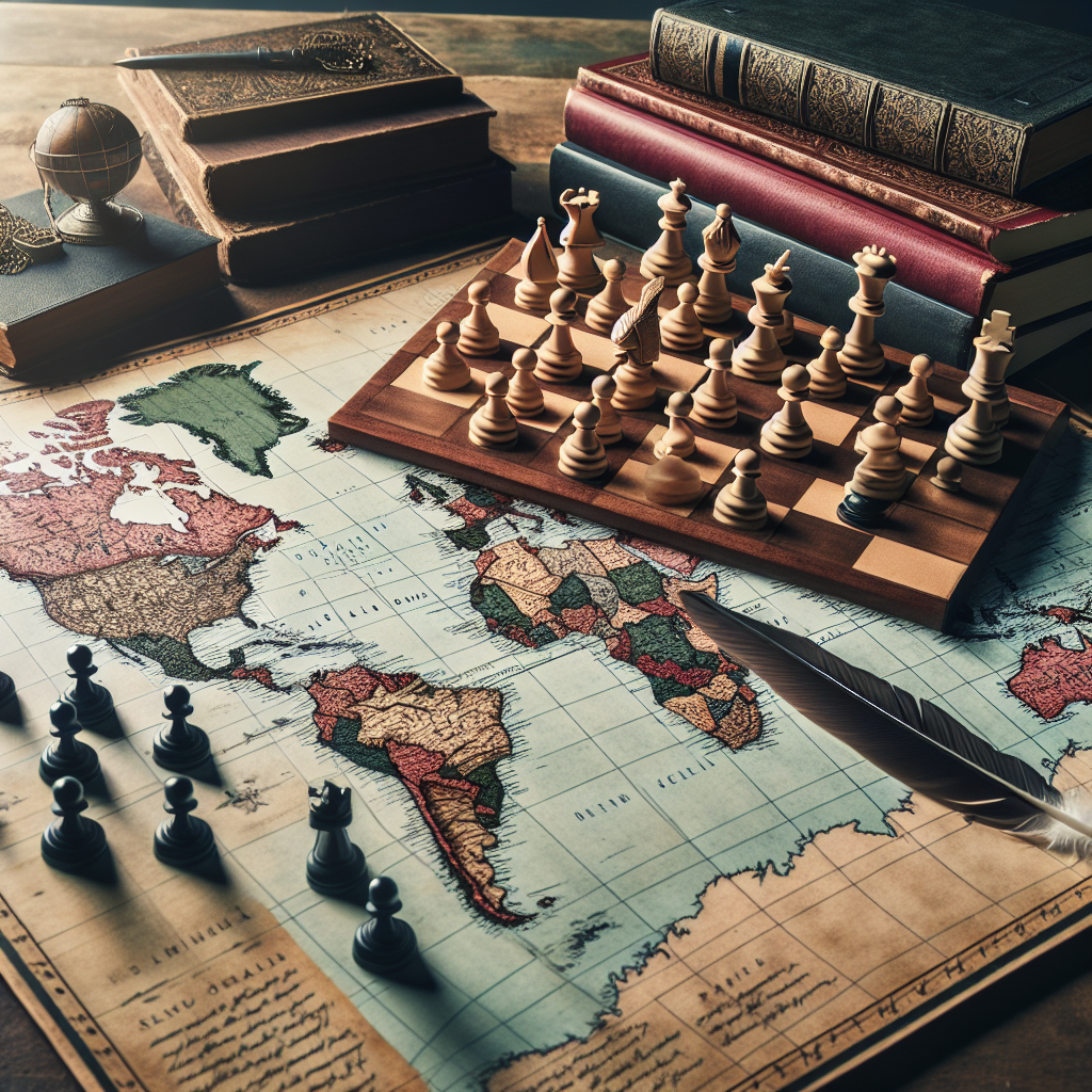 An image showing a strategic world map with chess pieces strategically placed on it representing military power. The chess pieces should signify defense and security, and the map should highlight prominent global regions. The chessboard is on a sturdy wooden table next to a pile of carefully stacked books on global security strategies and military aid. Also present is a feather quill next to an inkwell and parchment paper, symbolizing the acts of decision making and legislation. The scene is cast in a soft light that provides a serious yet hopeful ambiance.