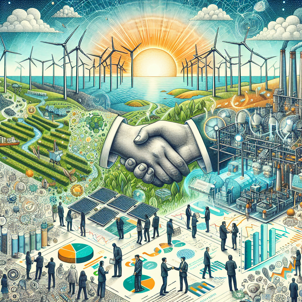 An intricate illustration depicting clean energy investments. The image has an array of wind turbines spinning in a vast field, sun shining down on a crowded solar panel farm, and the inner workings of a hydroelectric power plant visible as if in a cross-section. Additionally, visualise a hands shaking on top of a contract with the title 'Climate Change Legislation' to represent investment. People of diverse descent and genders are mingling, discussing, and analyzing data graphs and charts that represent energy output and investment returns. In the sky, the Earth is symbolically represented as becoming greener.