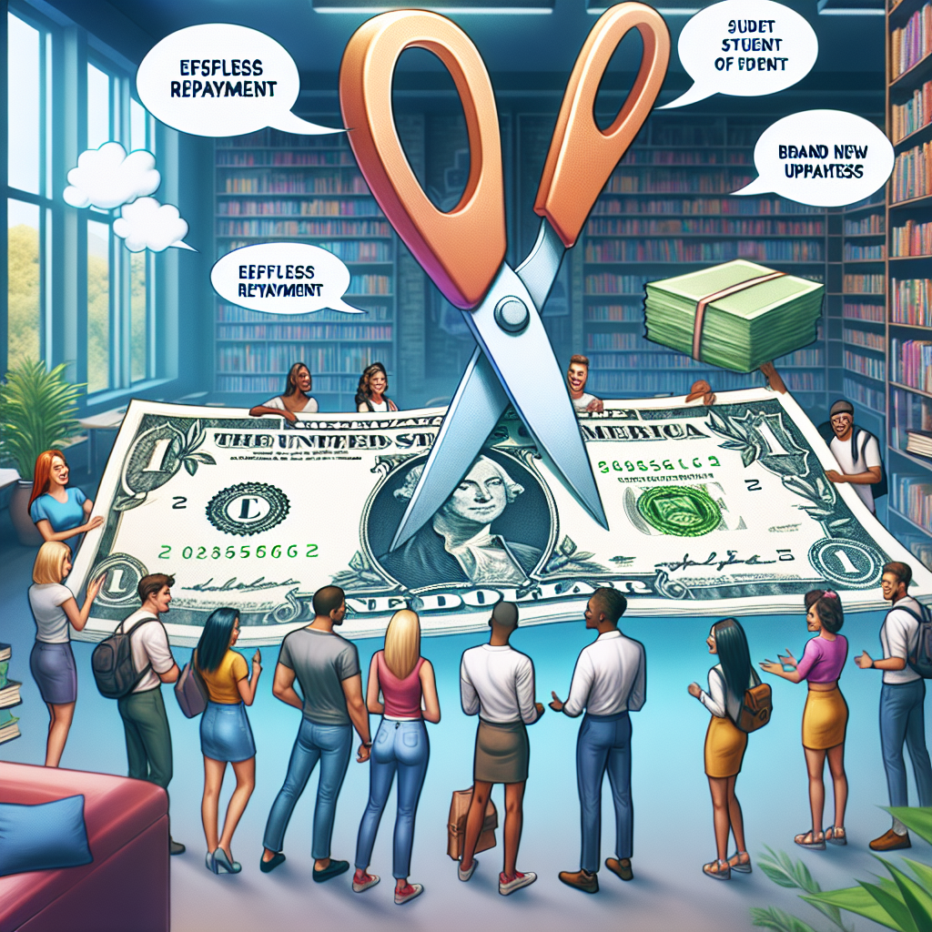 Imagine a tranquil yet vivid scene depicting the concept of Student Loan Forgiveness Programs. Picture a diverse group of young adults of various descents - Caucasian, Hispanic, Asian, Black, Middle Eastern, and so forth, represented equally. They are pictured in a library or classroom, excitedly discussing their future plans without the weight of student debt. With them, an oversized pair of scissors is cutting through a massive dollar bill which symbolizes the student loans. Around them, floating text bubbles containing phrases like 'Effortless Repayment' and 'Brand New Updates' add emphasise to the context.