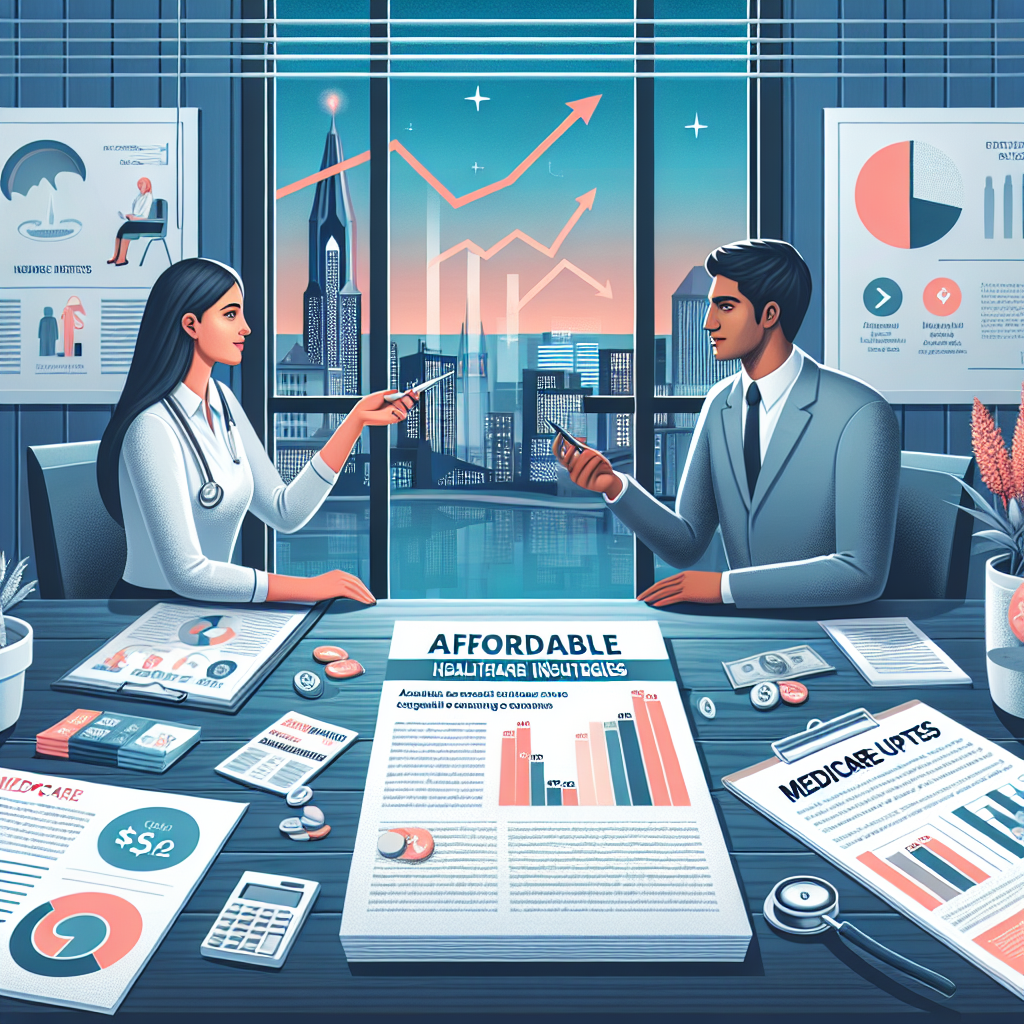 Create a vivid image showcasing a guide to affordable healthcare and insurance strategies, set in a customer service environment. A Caucasian female insurance advisor, calmly describing different strategies to a Middle Eastern male client. A graph displaying decreasing costs can be seen in the background. Include various brochures, charts and documents on a table. Next to them, Medicare updates in a newsletter form. Through a window, you can see a bustling city, symbolizing opportunities and change. The room atmosphere should evoke feelings of hope & assurance.