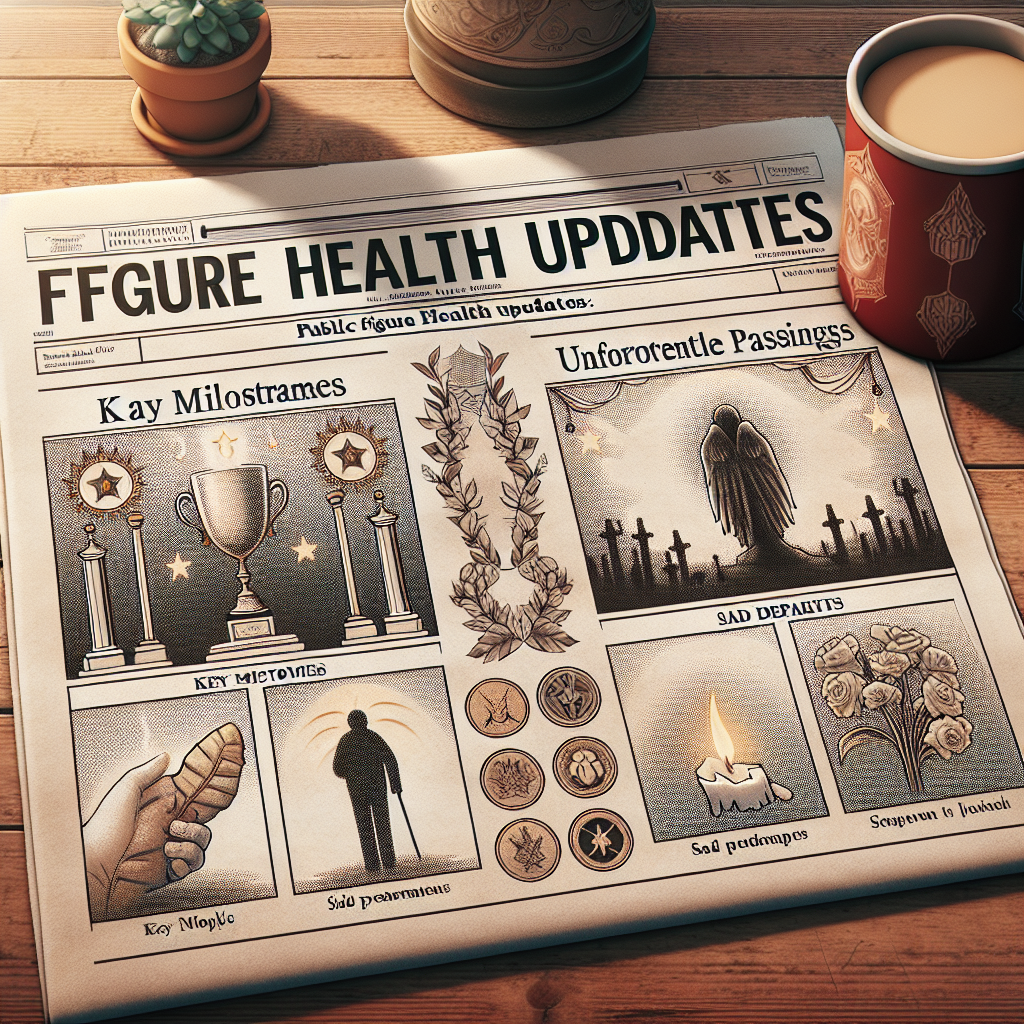 Imagine an image of a newspaper on a wooden table. The newspaper headline reads: 'Public Figure Health Updates: Important Achievements & Unfortunate Passings.' There are two sections underneath. On the left, a column announces 'Key Milestones' with illustrated icons of medals and trophies. On the right, another column reveals 'Sad Departures' accompanied by faded symbolism of wilting flowers and soft candlelights. In the background, a comforting hot coffee mug symbolizes the readers' investment in the news.