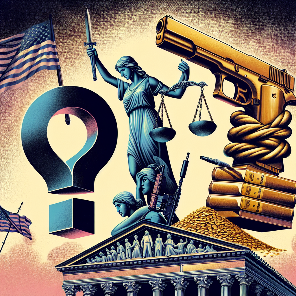 A symbolic representation of important societal issues in the United States, namely, a visual allegory of a medical procedure concerning a woman's choice corporately depicted with a question mark, a depiction of a handgun tied in a knot to symbolize the complexities of firearm legislation, and an image of a heavy weight made of gold bars crushing a pile of books, signifying the burden of student loans. All these images are seen under the looming silhouette of a large neoclassical building representing the power of the judicial system.