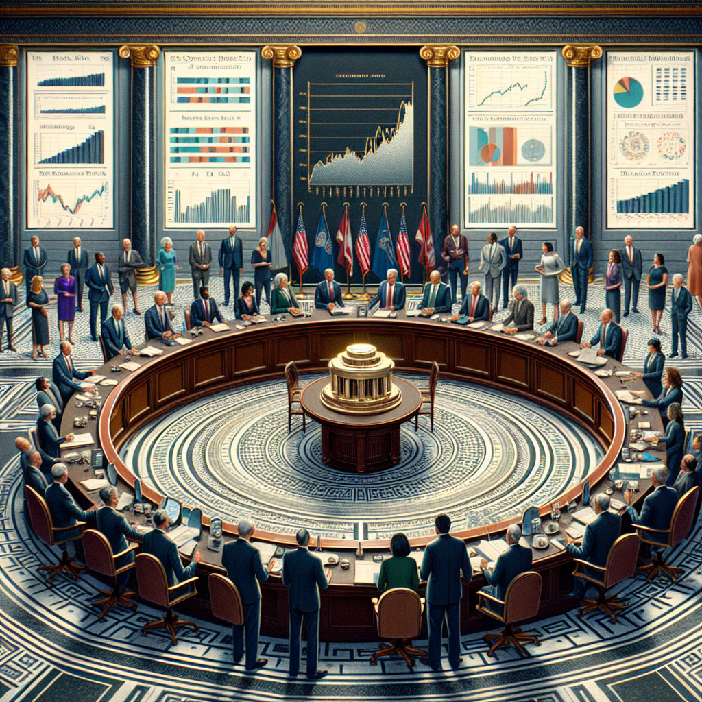 Visualize a grand room filled with various individuals of different descents such as Caucasian, Hispanic, Black, Middle-Eastern, South Asian and East Asian, both men and women who are engaged in discussions. They stand around a large, intricately designed table that holds numerous reports and graphs detailing the economy, interest rates, and inflation indicators. On a large screen at the end of the room, display a chart showing the Federal Reserve's interest rate decisions over time. Also, include a golden scale in the room, symbolizing the balance of managing inflation.