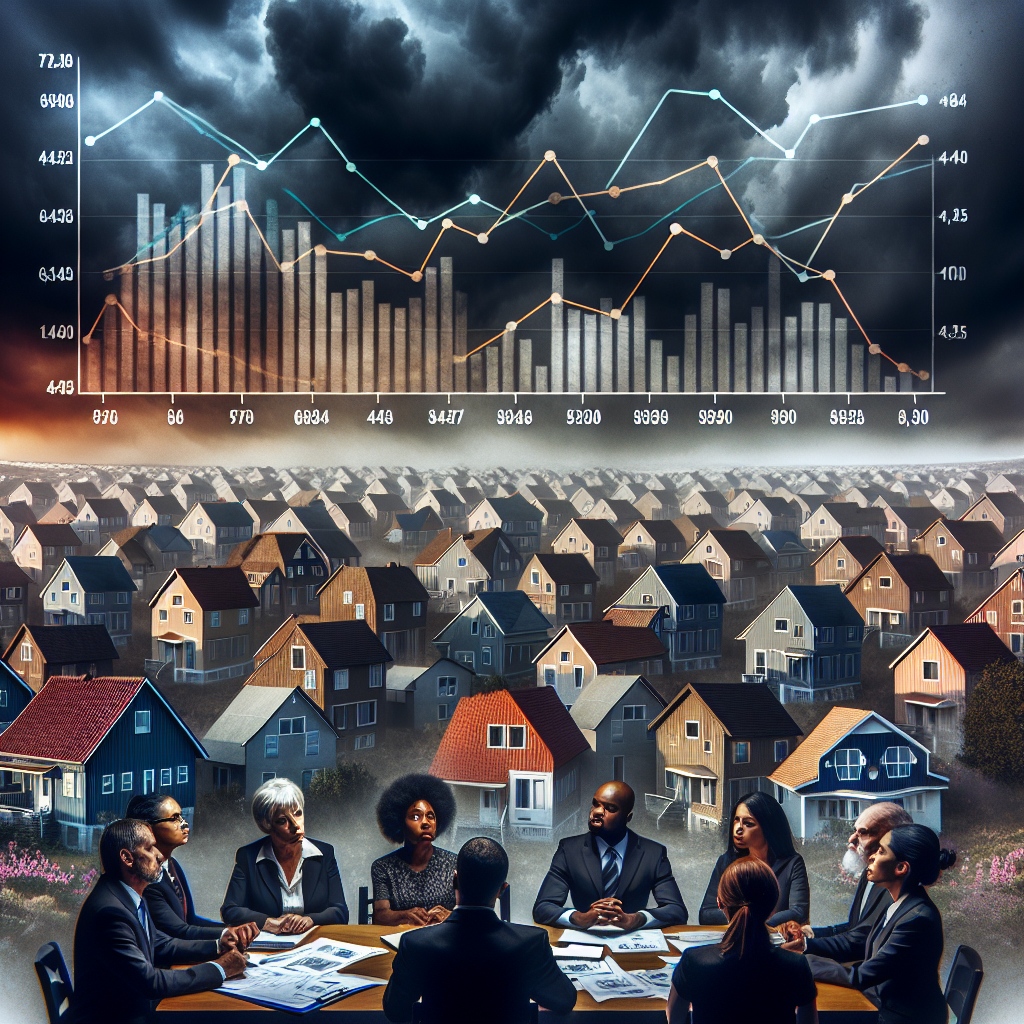 Depict an intense scene of a large density of houses set against the backdrop of a stormy sky, symbolizing the harsh housing market. The houses are of various shapes and sizes, accommodating different socio-economic brackets. Illustrate graphs in the sky, showing the increase in mortgage rates. In the foreground, present a diverse array of people - a black female economist, a white male homeowner, a Hispanic female realtor, and a South-Asian male policy-maker - all in a roundtable discussion, surrounded by blueprints, documents, and a sign that reads 'Urgent Solutions'. Ensure the overall mood evokes urgency and seriousness.