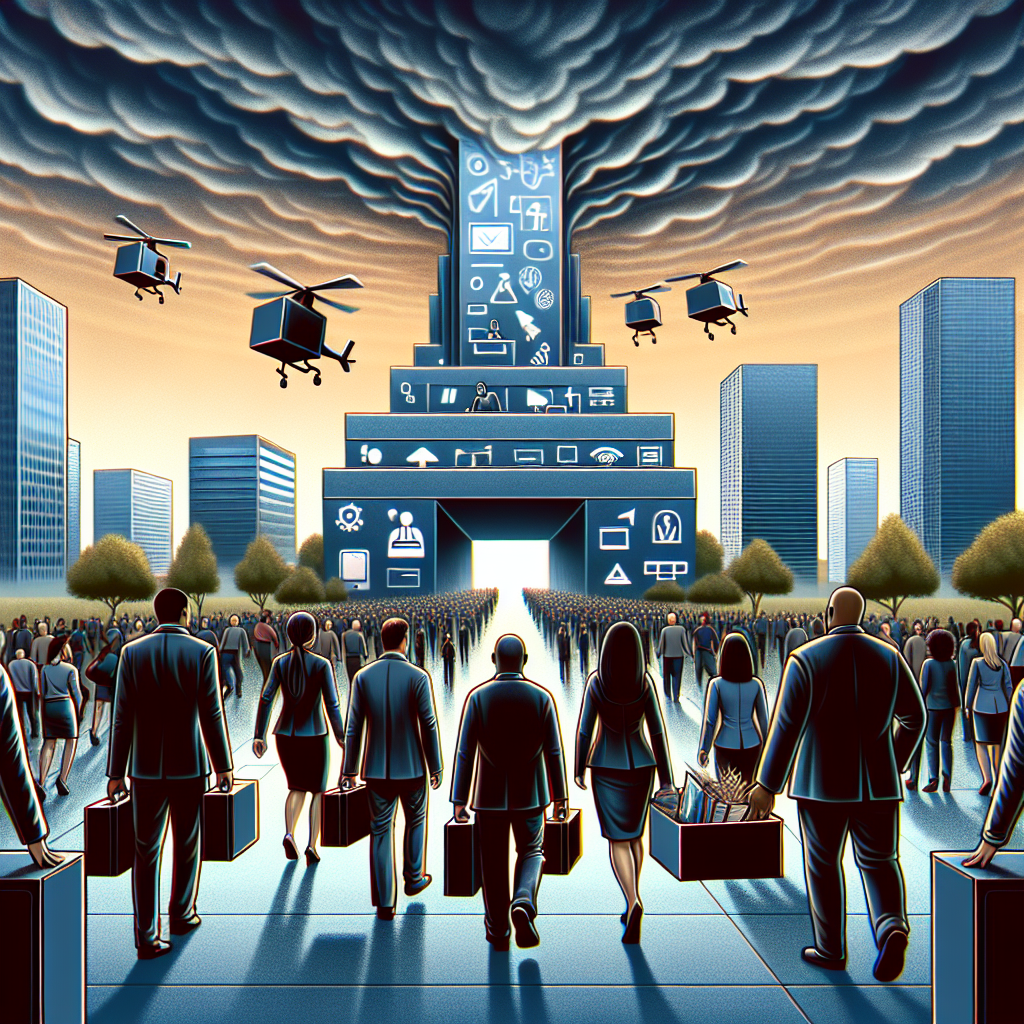 A symbolic graphic illustration depicting a technological landscape in distress. In the foreground, a diverse group of professionals, including both men and women of Caucasian, Hispanic, Black, Middle-Eastern, and South Asian descent, carrying their desk items in boxes as they exit a futuristic corporate building, representing job loss. The building bears symbols or logos representing the tech industry, but not identical to any real company's logo. In the background, other corporate structures surround the scene under a stormy sky, indicating turmoil in the tech industry.