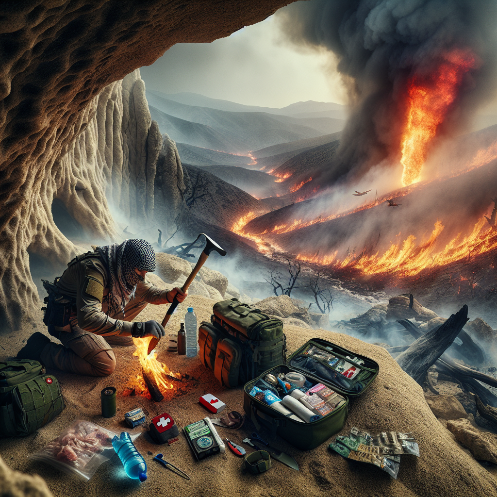 A gripping survival scene during a wild heatwave where a resourceful individual of middle-eastern descent, equipped with survival gear, creates a temporary shelter by a rock formation. The individual is proactively building a fire break with a shovel, protecting their shelter from a distant wildfire. Also in the scene, the survival kit open nearby revealing first-aid supplies, water bottles, and high-energy snacks. The background consists of an imposing and searing landscape deeply affected by severe drought, displaying the harsh conditions of an extreme heatwave. This scene serves as a visual guide for surviving wildfires and extreme heatwaves.