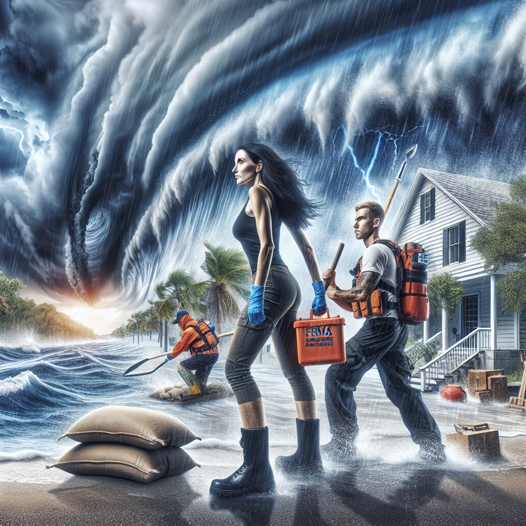 Create an image portraying an active and efficient emergency preparedness scene. The focus should be on a hurricane situation captured with great intensity. Visualize ominous dark storm clouds gathering in the sky, harsh winds buffeting the trees, and waves rising dramatically. Foreground the scene with a Caucasian female and a Hispanic male, both wearing safety gear, and they are securing their homes with sandbags and storm shutters. Over these elements superimpose the text: 'FEMA Emergency Preparedness Updates Revealed: Stay Safe During Hurricane Season!'