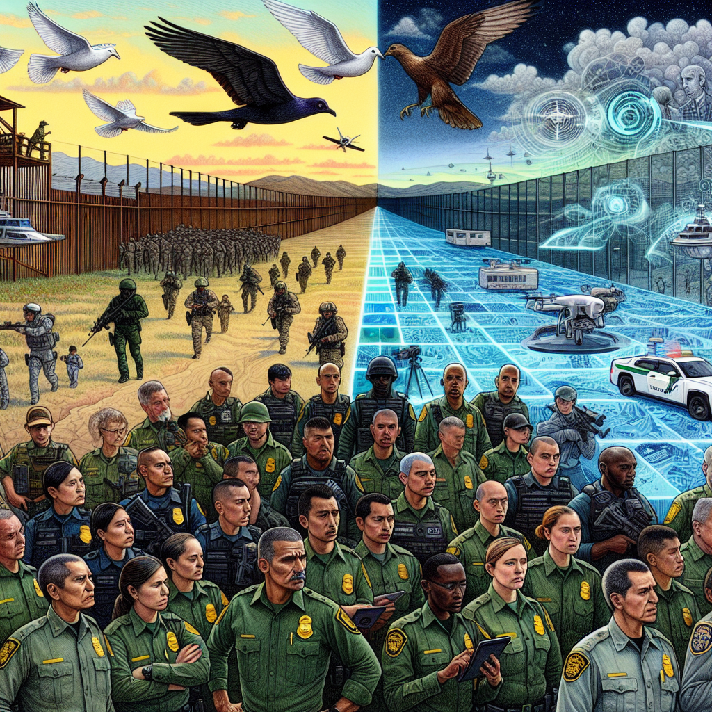 An intricate illustration depicting the shifting dynamics of border security. In the foreground, a group of border patrol agents, showcasing diversity in gender and descent with a mix of Caucasian, Hispanic, Black, Middle-Eastern and South Asian officers, are intently examining a detailed touchscreen map. Progressively, this map is split into two halves. The left half paints a scene of the past, showcasing now outmoded border security methods, such as fences and watchtowers. The right half serves as the future, and teems with 21st-century innovations like drones, satellite surveillance, augmented reality interfaces, and advanced AI systems. Dominating the sky above them are symbolic images of a dove and an eagle, both mid-flight and facing each other, symbolizing the perpetual tension between humanitarian principles and security concerns.