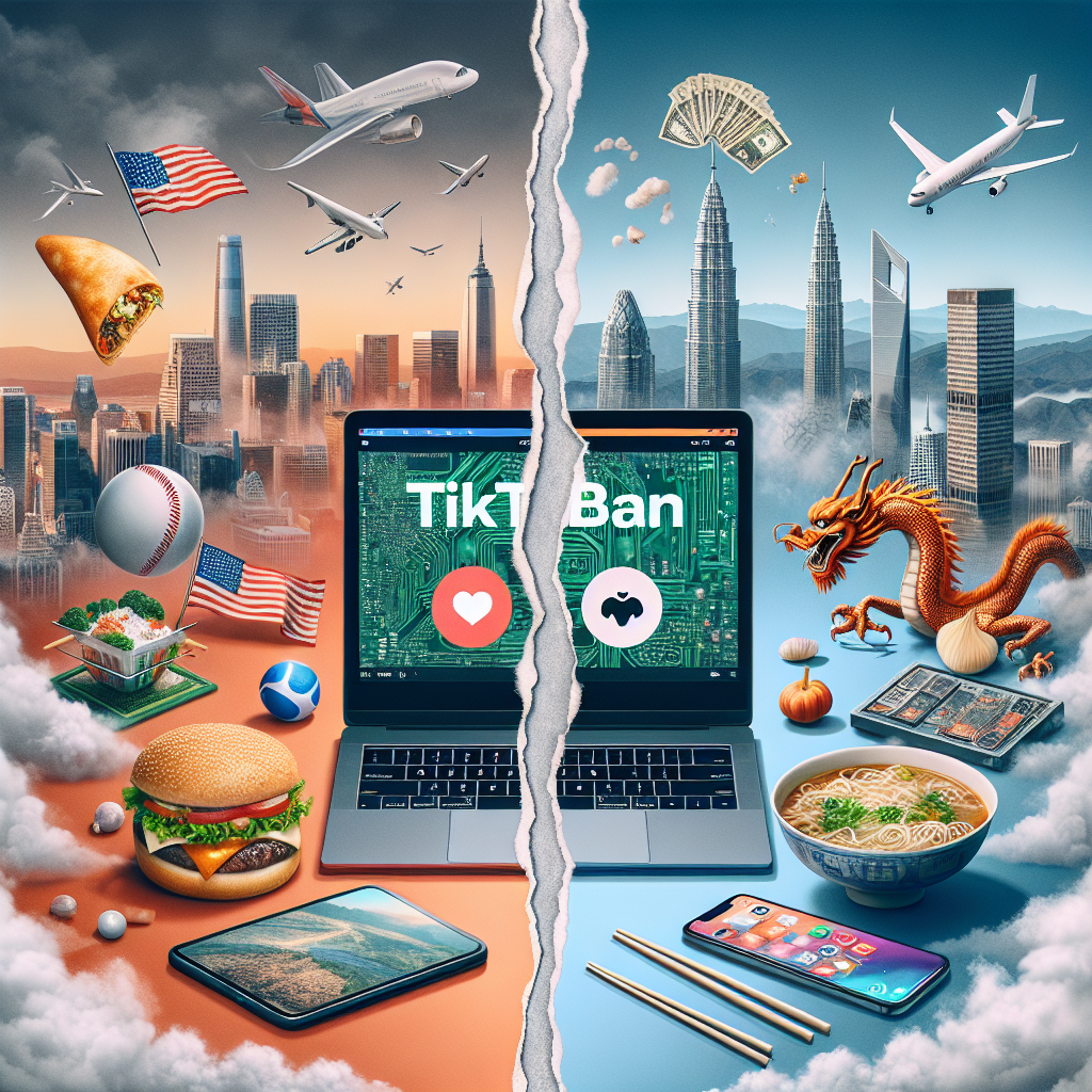 A conceptual image, showcasing the tension in a technology debate. On one side of the image, depict major American tech icons like a laptop with a hamburger, baseball and a Silicon Valley-esque landscape in the background. On the other side, portray Chinese tech symbols like a sleek smartphone with a bowl of noodle soup, a dragon and a skyline with modern tall buildings. A glaringly visible, torn sheet of paper runs through the middle separating the two sides, the words 'TikTok Ban Debate' written on it. Don't include any recognizable companies or logos.