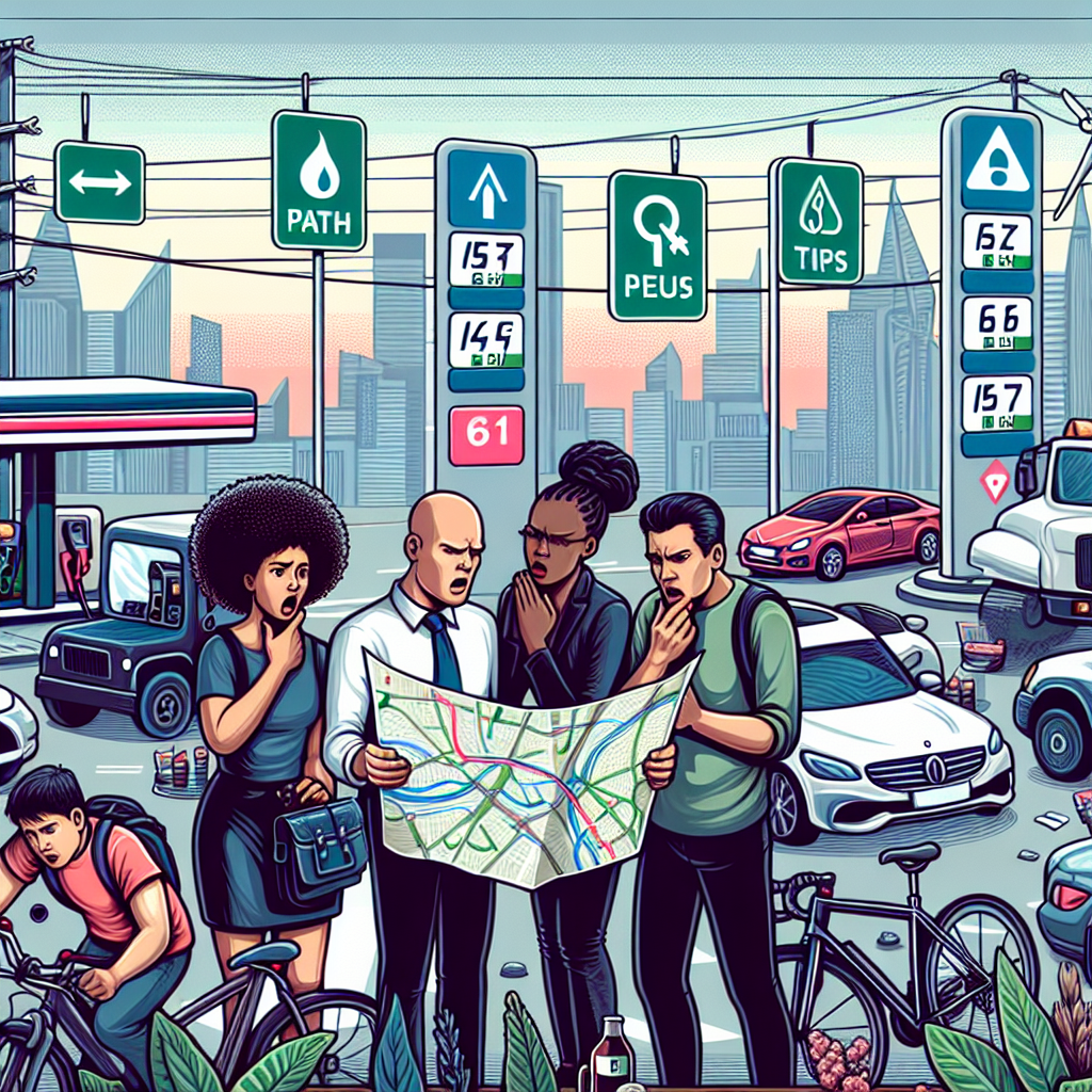 Picture a bustling city street scene with multiple fuel stations showing high prices on their boards. On the foreground, a diverse group of people, including a Caucasian man, a Black woman, and a Middle-Eastern youth, are seen anxiously discussing the situation. They're holding a map of energy policies, marked with paths, tips and arrows. Their other hand holds some common tools of fuel efficiency: a bicycle, a public transport ticket and a fuel-efficient car key, symbolizing their choice. The backdrop of the city shows wind turbines and solar panels, indicating a shift to renewable energy.