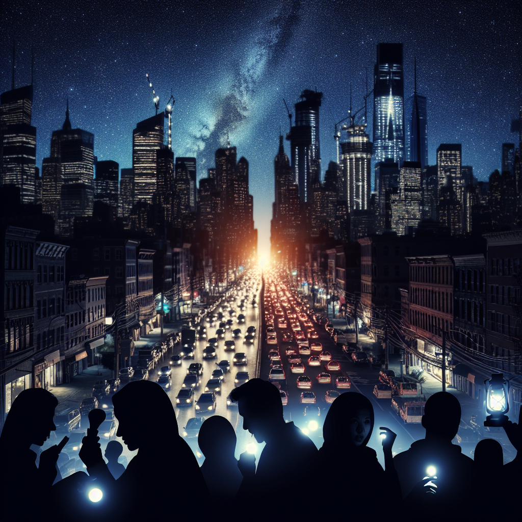 An intense scene portraying a cityscape after sundown, experiencing a full power grid failure. The vast city normally lit with bright skyscrapers and bustling traffic, is instead plunged into darkness, illuminated only by the natural light of the moon and some existing emergency lights. The streets are lined with cars, their headlights providing scant illumination. High overhead, the absence of city lights reveals a beautiful star studded view of the night sky. In the foreground, silhouette images of individuals of mixed gender, composed of diverse descents such as Caucasian, Hispanic, Black, Middle-eastern, South Asian, are seen handling the situation with flashlights and candles.