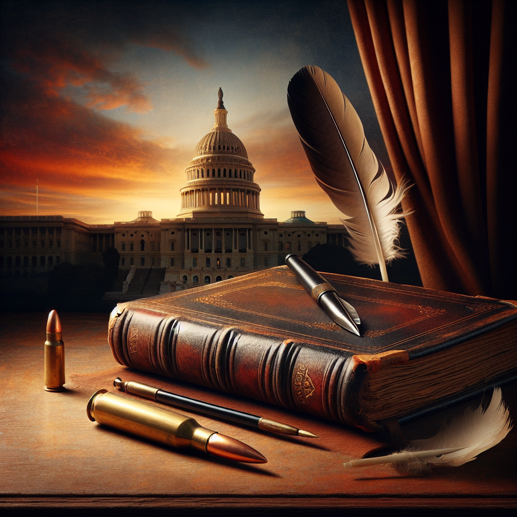 Picture a symbolic image representing the need for legislative action against gun violence. Portray an opened, blank, old-fashioned book bound in tattered leather that represents federal legislation, standing upright on a wooden desk. Beside it, lay a single metallic bullet laying respectfully silent. Also, paint a gentle feather quill placed to the side as a reflection of historical law creation. The background painting a fading sunset over the silhouette of the United States Capitol building to represent passing time with urgent matters at hand. Gentle shadows play over the scene, adding class and emphasis.