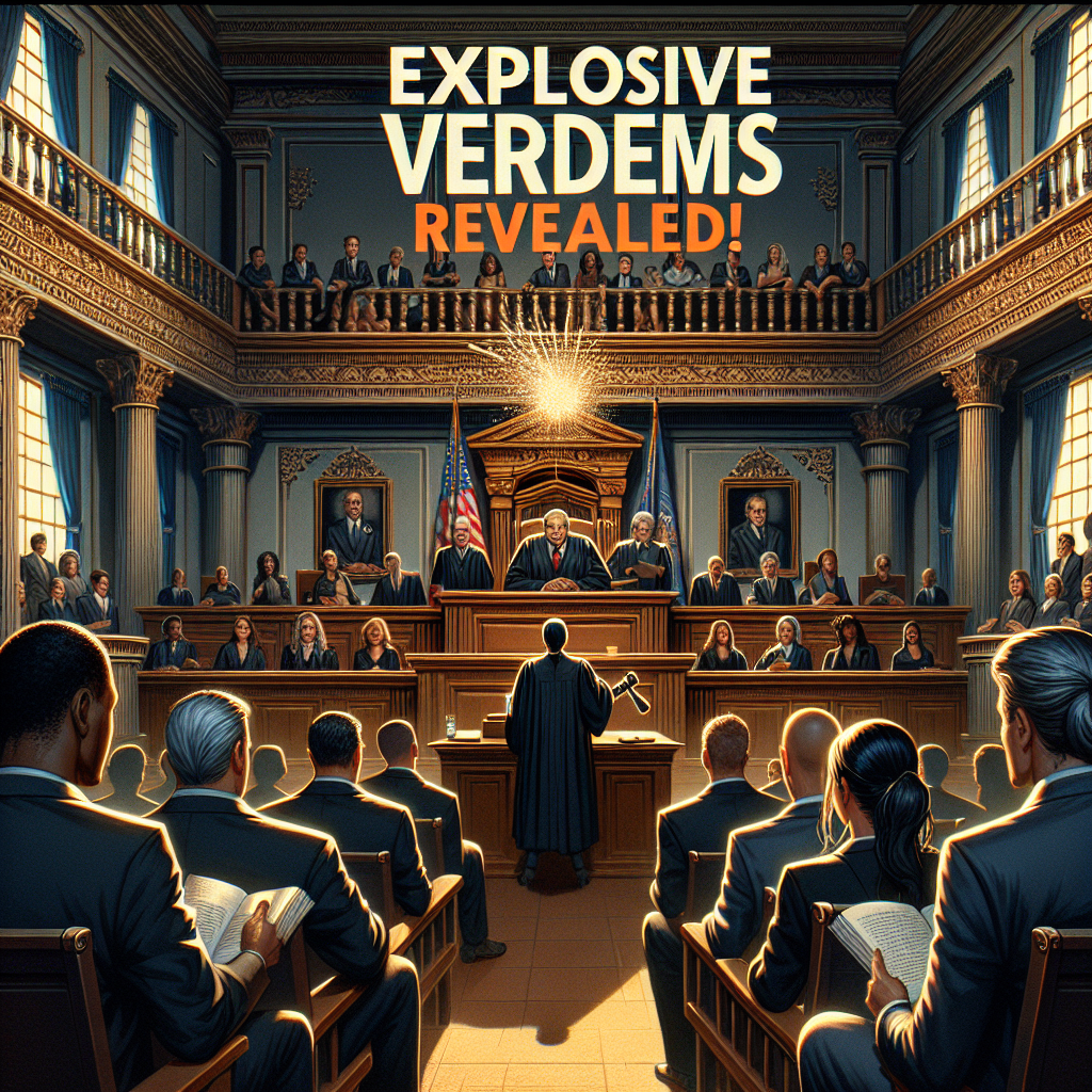 This is an image setting for the topic of significant criminal trials in the United States. The visual narrative highlights a grand courtroom with intricate architectural details. The scene unfolds on a tense moment in the process, the reading of a verdict. The judge, a middle-aged Black male, holds a gavel, while the attorney, a young Hispanic female, waits expectantly. In the gallery, an array of different people from various socioeconomic status, all from diverse descents such as Caucasian, Hispanic, Asian and Middle-Eastern, watch with bated breath. There's an undercurrent of suspense, and the title 'Explosive Verdicts Revealed!' materializes above in bold, compelling letters.