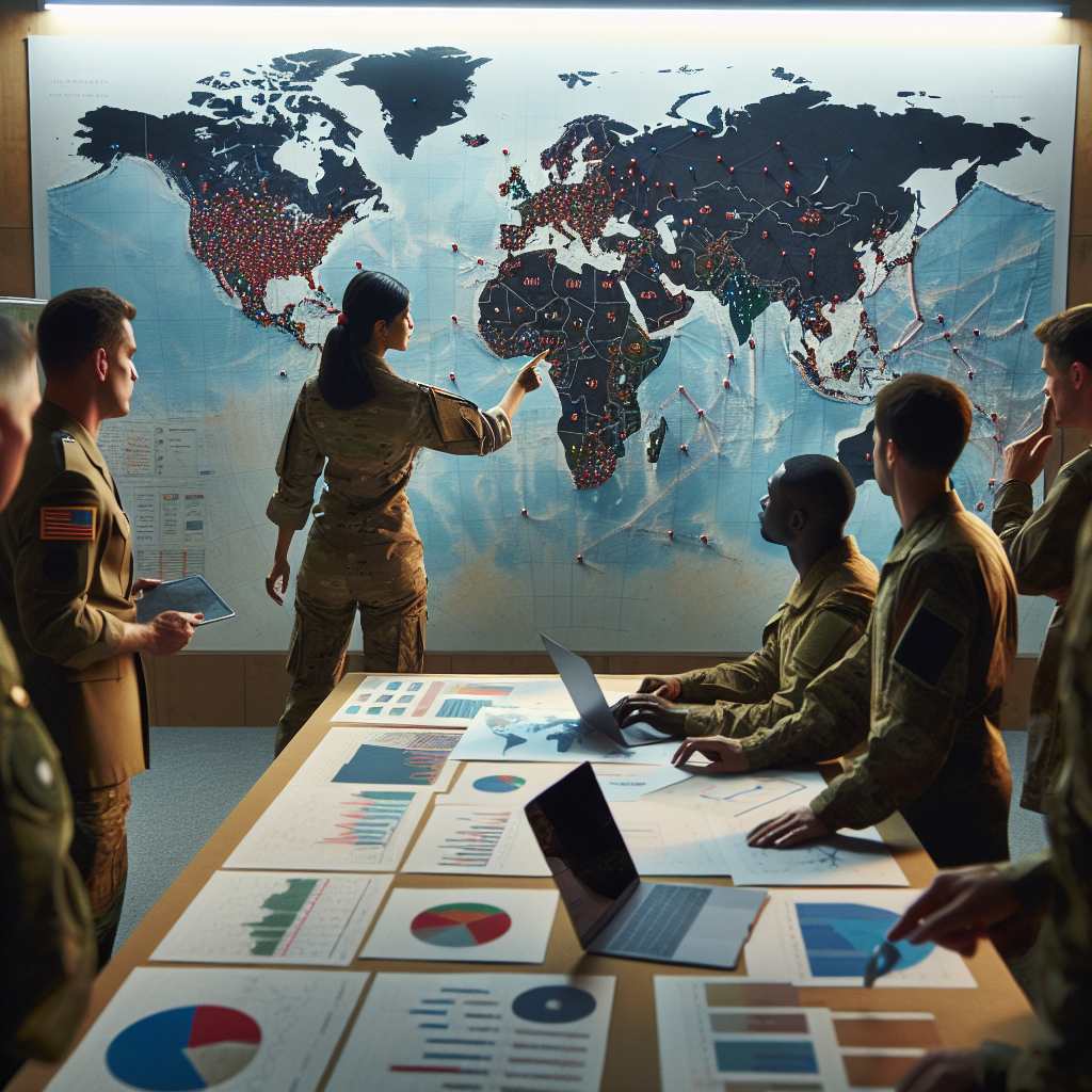 Visualize a detailed military strategy room filled with a diverse group of people. On one side, there is a large world map pinned up on the wall, marked with different colors and pins indicating hotspots around the globe. A Hispanic female military officer stands pointing at the map, discussing various points of interest. Close by, a South Asian male officer nods as he takes notes on a tablet. Deeper in the room, a Caucasian and a Black officer -- both female -- debate possible strategies while analyzing charts on laptops. All are dressed in military uniforms, showcasing a united front towards global security.