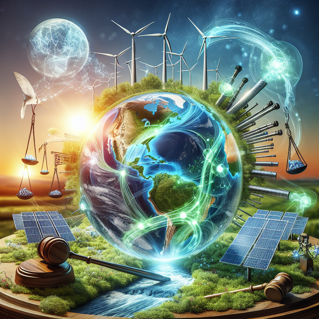 An imaginative representation showcasing the idea of clean energy investments in context of climate change legislation. The image might center around a glass globe showing various forms of clean energy like wind turbines gently sweeping the wind, solar panels soaking up the bright sun rays, hydro power plants positioned by cascading streams, all interconnected with glowing green lines, signifying the flow of investment. Surrounding the globe, a verdant and flourishing Earth, and over the globe hover symbols of laws and rules, perhaps a gavel or scales of justice. Please avoid rendering specific real people or symbols related to specific legislations.