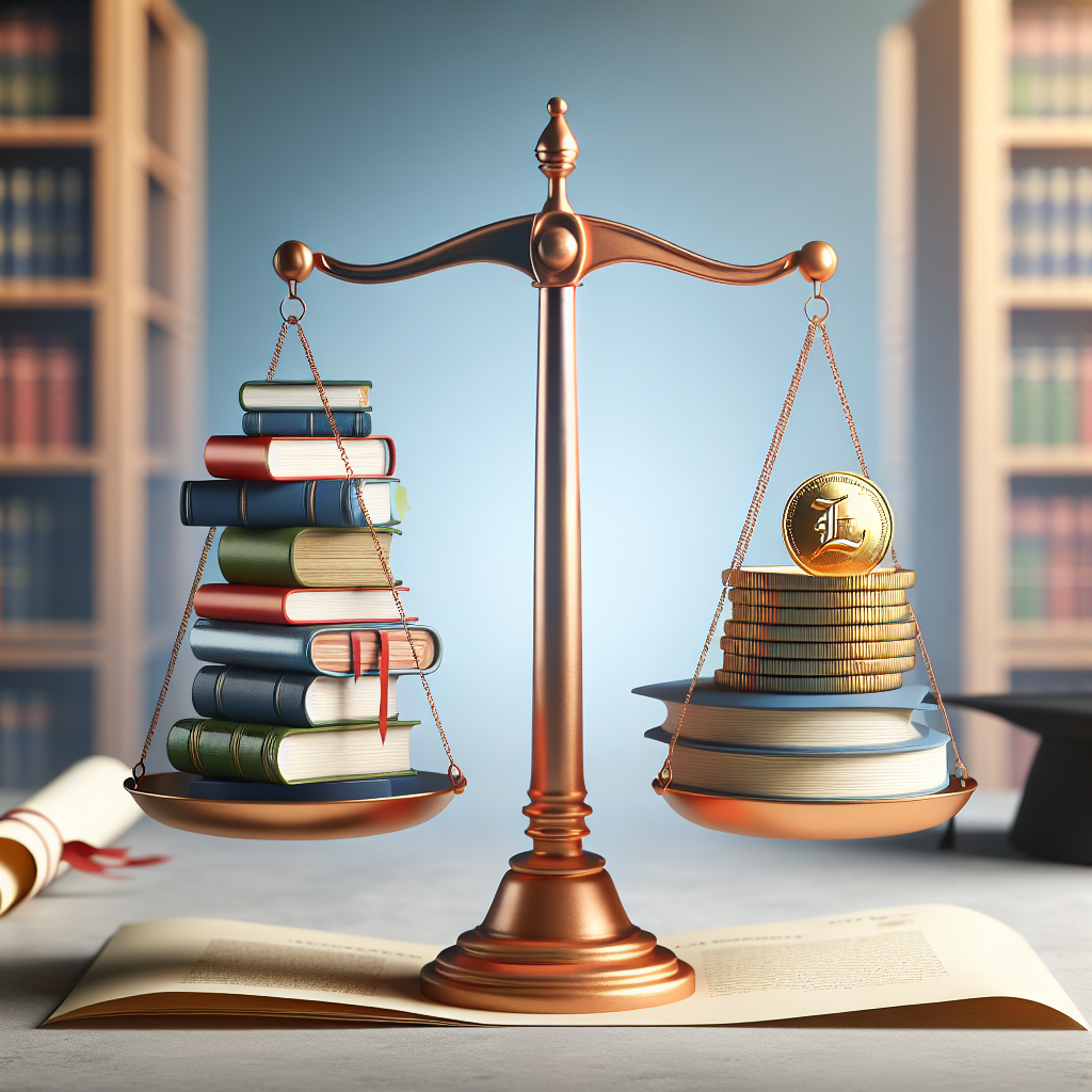 A visualization of various books, each representing a different area of knowledge, balanced on one side of a classic balance scale. On the other side, a shiny golden coin is dramatically outweighed. The scale stands on an open parchment roll, signifying a diploma. The books symbolize student loans, while the solitary coin symbolizes forgiveness of those loans. The background features a softly blurred library scene. Above it all, a semi-transparent banner carries the text 'Student Loan Repayment Updates: Insider Tips for Effortless Forgiveness'.