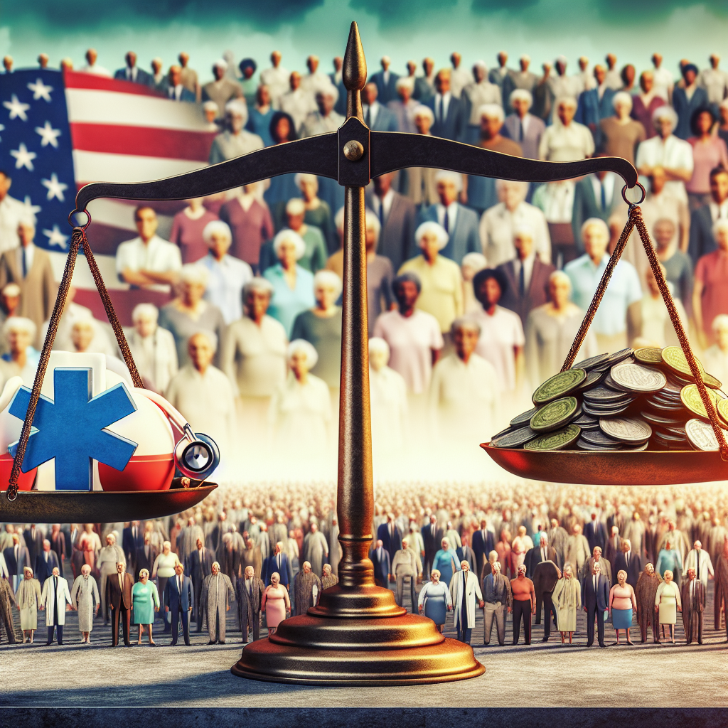 A conceptual visualization of affordable healthcare reforms related to Medicare. Depict a background of a diverse crowd of people, showing men and women of various ages from African and Asian descent. In the foreground, place a large, balanced scale, with one side holding a medical symbol representing Medicare, and the other holding a pile of coins, symbolizing affordable insurance. The scale should be in equilibrium, representing the balance between healthcare and cost, epitomizing the changes in the Medicare scheme. Please avoid references to specific individuals or copyrighted symbols.