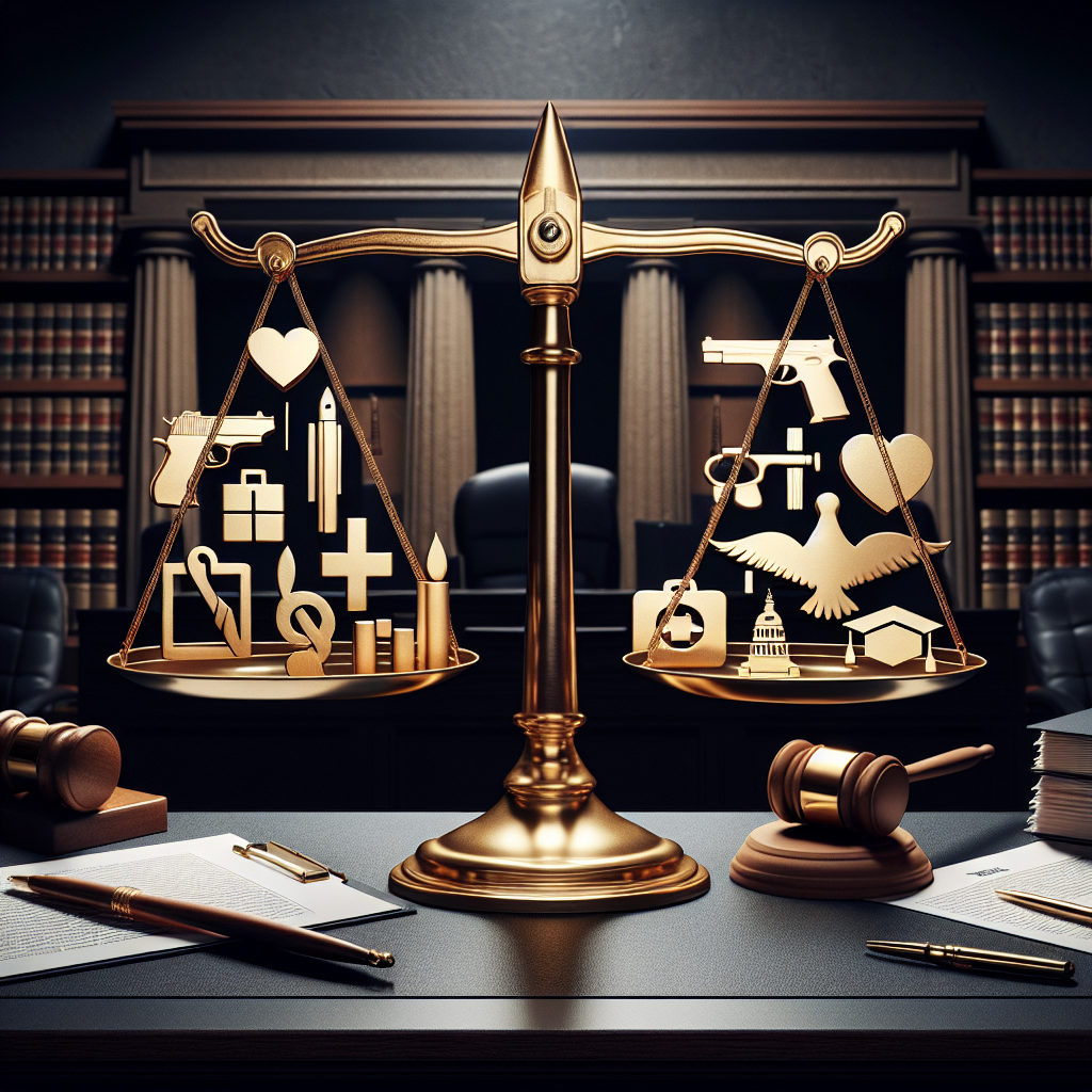 Design a visual representing the themes of abortion rights, gun control laws, and student loans; these should be symbolized on a set of golden balanced scales, signifying judicial decisions. Carefully distribute symbols associated with each topic – a medical symbol, a gun silhouette, and a graduation cap – on either side of the balance, showing their importance in US legislation. Frame the scene with a classical court backdrop including a gavel, a judge's bench, and court documents spread around. Everything is set under the overhead light, casting a somber ambiance.