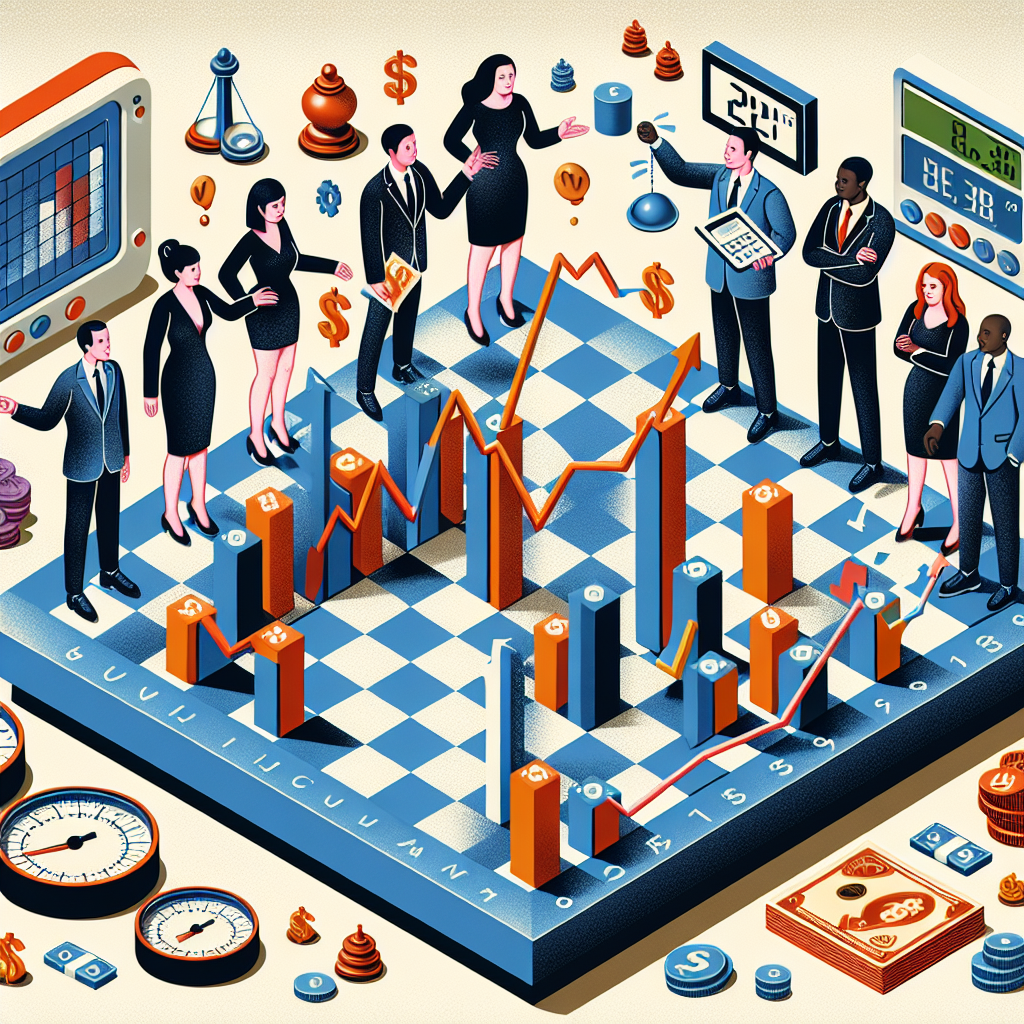 An abstract representation of a chessboard with different economic icons such as graphs, currencies, and scales symbolizing the strategic nature of managing inflation. To one side, a group consisting of a Caucasian woman, an Asian man, a Hispanic woman, and a Black man, all dressed in business attire, are discussing and pointing towards the chessboard. They each hold pieces representing different interest rate strategies. In the background, a large thermostat-like device displays rising temperature, metaphorically representing inflation.