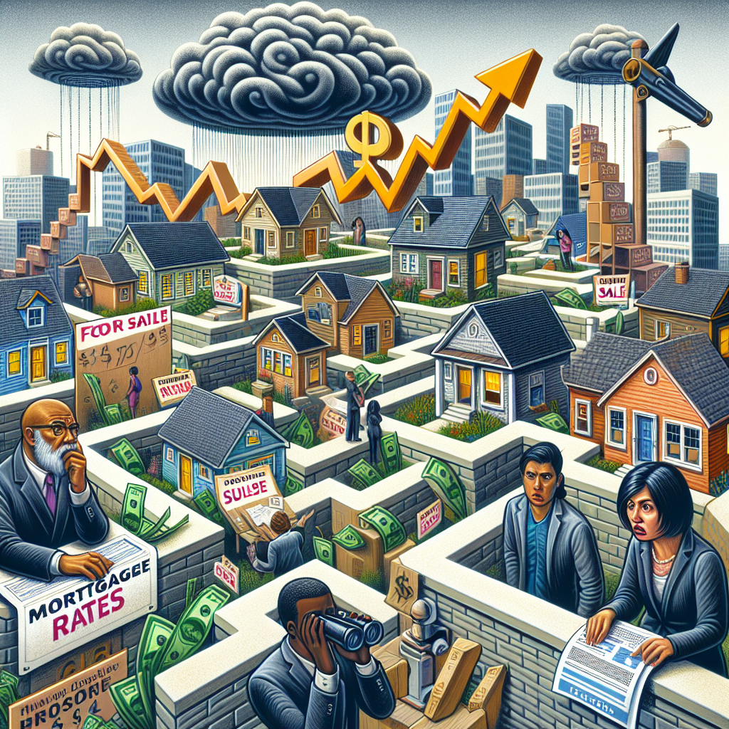 A detailed depiction of a complex housing market scene reflecting the crisis. In front, a big maze made of brick and stone houses. Some houses have noticeable 'For Sale' signs and their prices are increasing in a rising graph line shape. Further behind, a frustrated South Asian male and a Black female are discussing over documents labeled 'Mortgage Rates'. Above them, a stormy cloud with dollar sign rain to suggest the financial strain. In the background, an astonished Hispanic male and a Middle-Eastern female are viewing the scene from a distance with a telescope and a pair of binoculars, illustrating the concept of 'navigating'.