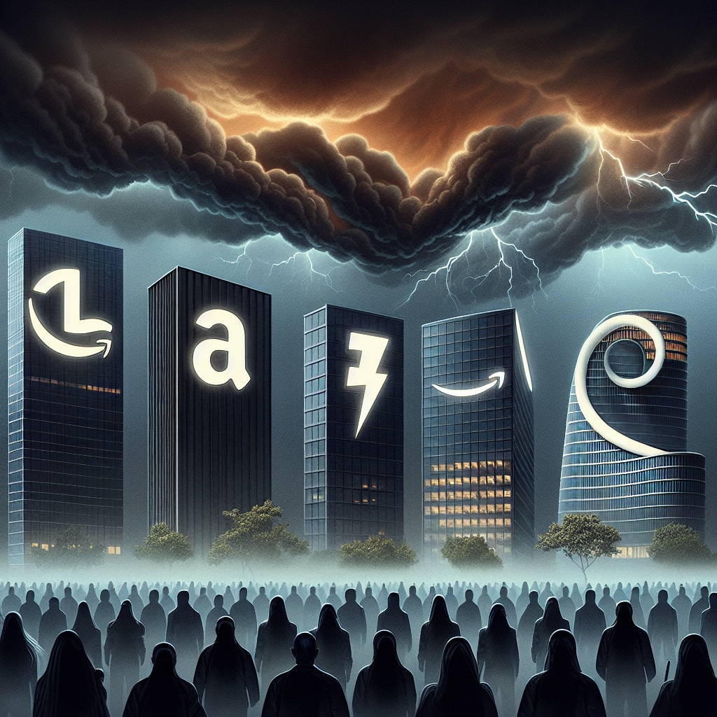 A composite illustration depicting a storm raging over four modern buildings, each representing an iconic tech company. One building has a giant logo of a stylized 'G' that mirrors Google's visual identity, another with an emblem resembling Amazon's arrow but curved differently, a third with an abstract three-dimensional symbol instead of Meta's infinity logo, and the last one featuring a unique futuristic car design instead of Tesla's logo. The dark clouds overhead symbolize trouble and the army of stark silhouettes in the foreground represent employees affected by the layoffs.