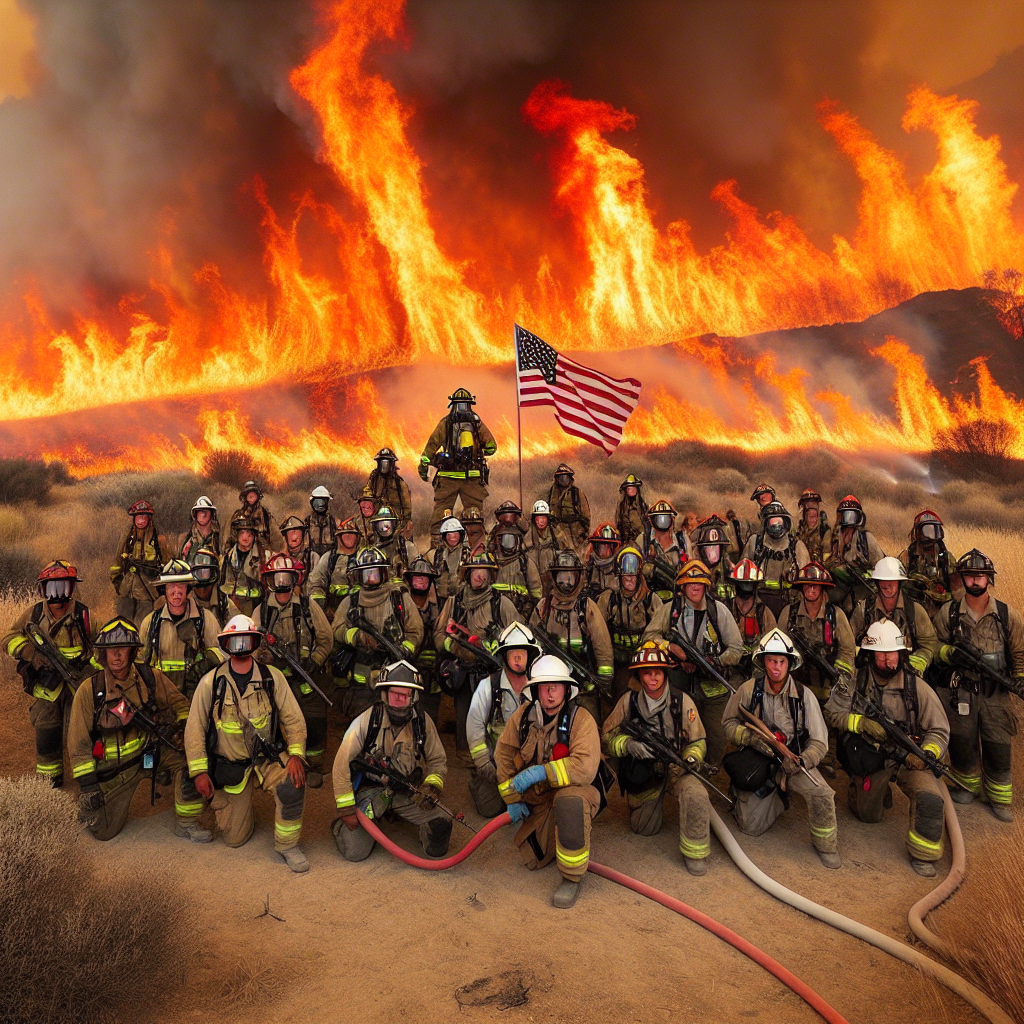 Please produce a compelling picture capturing a moment of bravery amidst adversity. The setting is an arid region, engulfed in a harsh wildfire, tall flames reaching up in wrathful orange and red hues. Show a group of determined firefighters, diverse in gender and descent - some Caucasian, others Hispanic or Middle-Eastern. They are arrayed in protective gear, battling the sweltering inferno head-on with water hoses. It also includes an American flag on one of the fire trucks symbolizing the nation's relentless fight against nature's extreme heatwaves. To embody the scale of the dilemma, illustrate vast uncontrolled fires in the background.