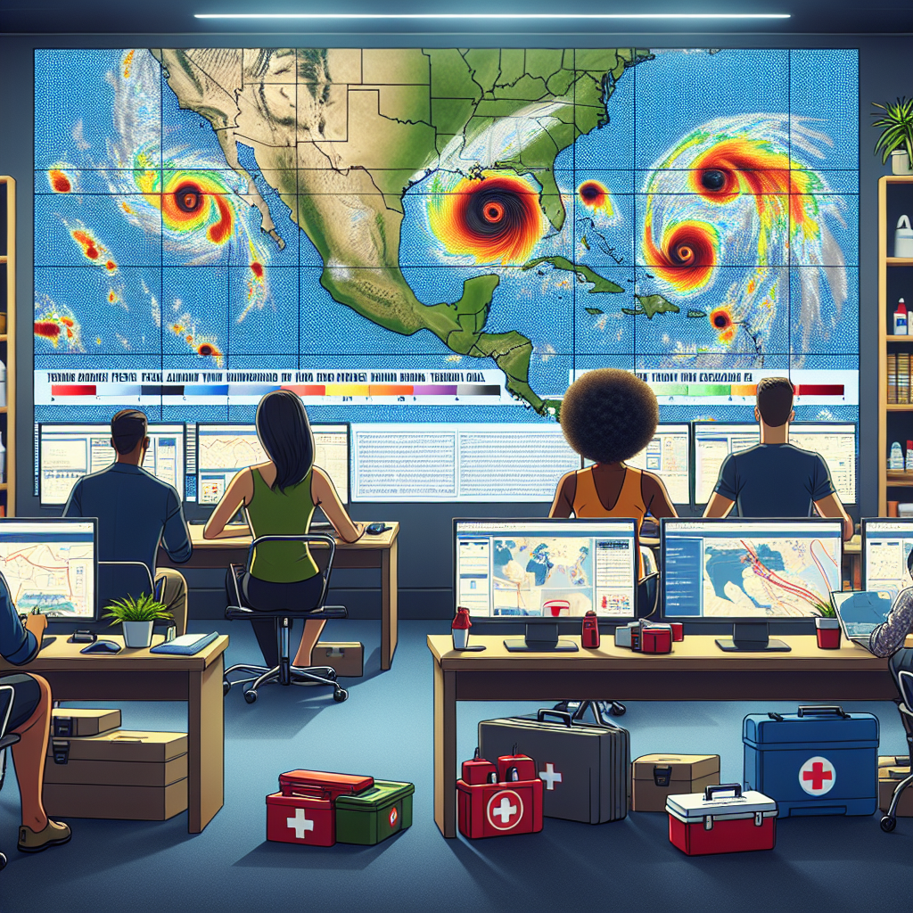 Depict an organized office space with a tropical storm map projected on the wall, highlighting various hurricane paths. Show a diverse group including a Black woman, Asian man, and Middle-Eastern woman, who are all working diligently going through the FEMA updates on their computers. The room is filled with emergency supplies like first aid kits, flashlights and canned food, representing their preparedness for the hurricane season. The overall atmosphere conveys a sense of urgency but also readiness.