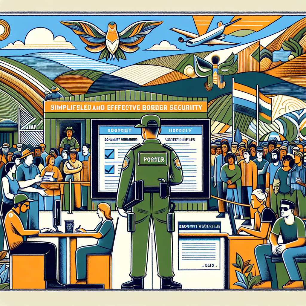 An illustrative representation displaying a simplified and effective approach to border security. Present a peaceful but vigilant guardsman at a border checkpoint, verifying documents with diligence. Bring in elements like modern technology helping in document verification, a queue of diverse individuals patiently waiting for their turn. Refrain from displaying any hostility or hardship. Also envision a serene background comprising a vast open space, signalling the expansive possibilities that lie beyond the border. Abstain from direct references to any specific country or political entity.