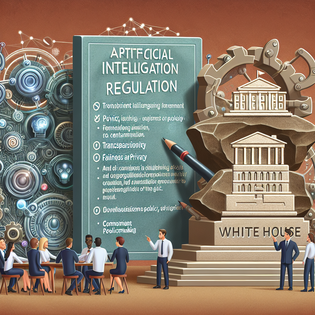 An illustrative infographic that demonstrates the concept of 'Artificial Intelligence Regulation'. It could depict a large, futuristic computer mechanism with various parts labeled to represent key aspects of AI regulation like transparency, fairness, and privacy. In the foreground, a multicultural group of professionals can be seen brainstorming these best practices. One member could be pointing to the 'White House' engraved into a stone tablet, symbolizing policymaking of the government. The overall atmosphere should suggest thoughtful discussion and active engagement in regulatory efforts.