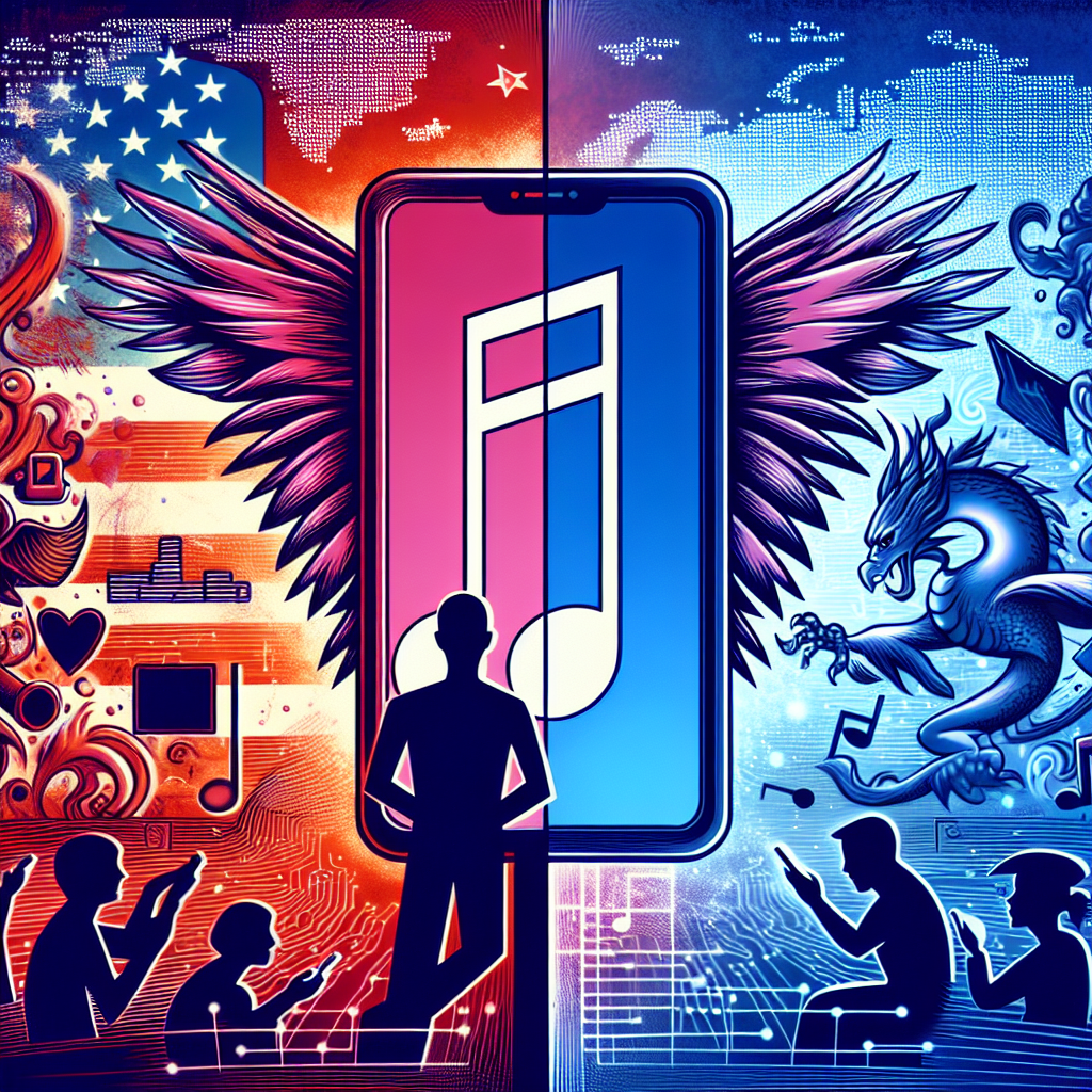 An abstract concept illustration depicting the debate on a social media platform ban, using symbolic elements. On one side there is an image of a silhouette person holding a smartphone, the screen displaying a music note symbol, representing the social media application. On the other side, represent the US with a symbolic representation, such as an eagle, and China with a dragon. Between them, a thick border line to signify the standoff and tech conflict. The whole composition set against a global digital network background signifying global technology. Include tooltips and pieces of relevant data floating around.
