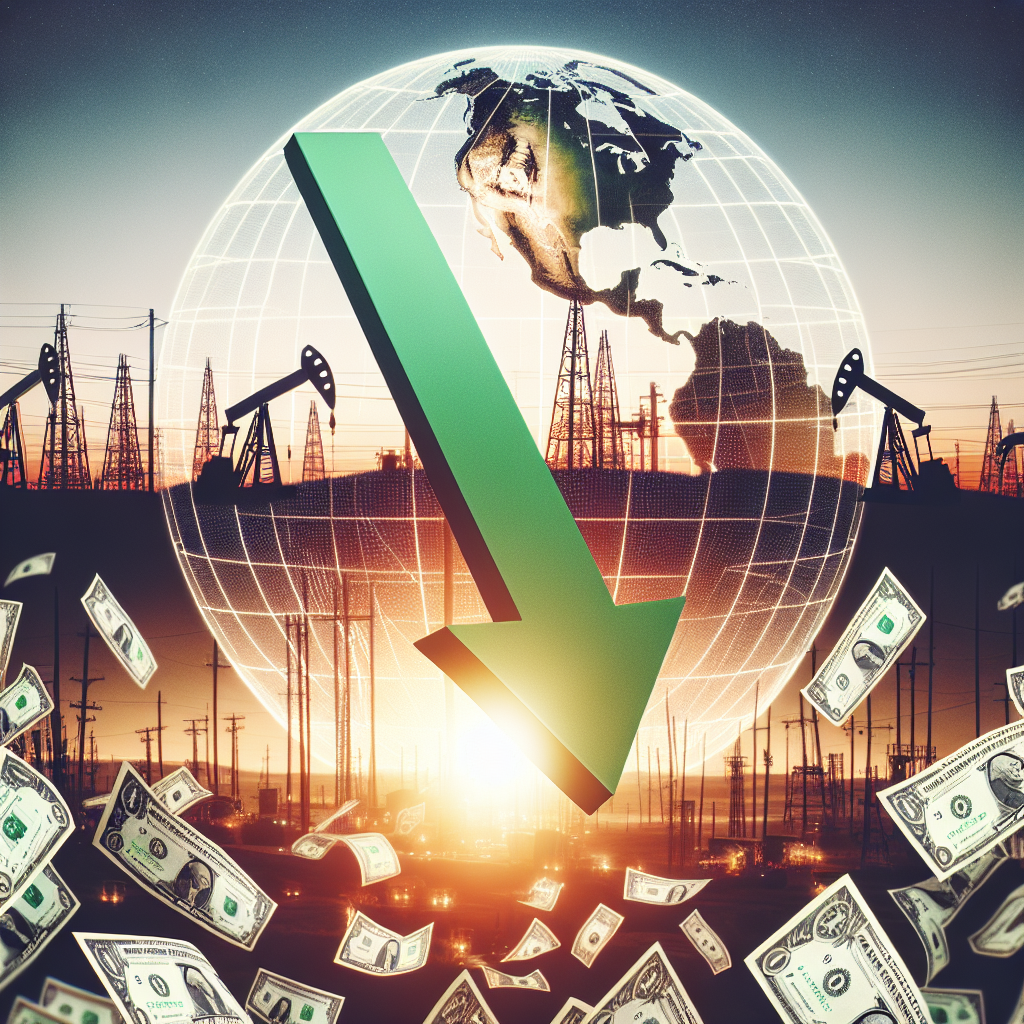 Generate an image portraying a large green down arrow against a field of scattered US dollar bills, amidst a backdrop of oil derricks silhouetted against a setting sun. Overlay the scene with a translucent globe focused on the United States. The entire scene reflects a sharp decline in gas prices due to changes in US energy policy.