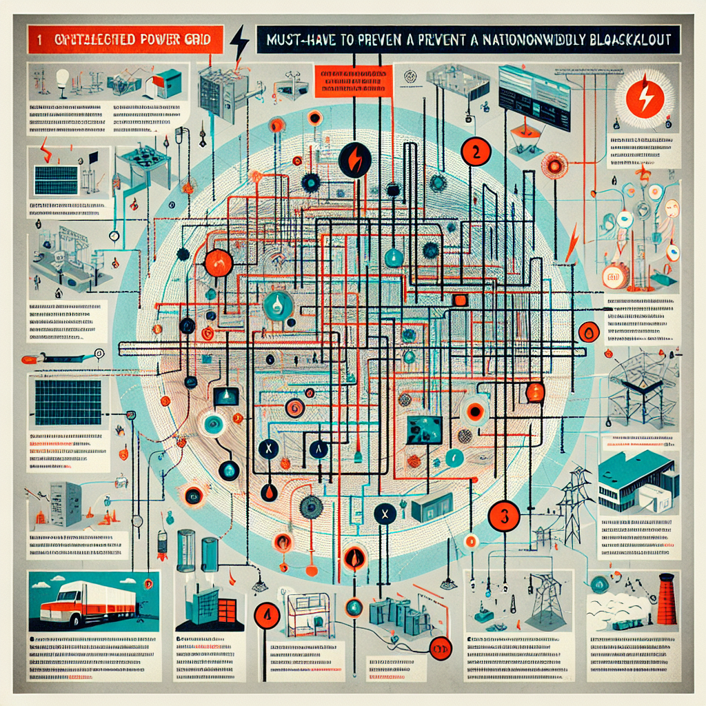 A detailed graphic representation of a complex national power grid showing various interconnected nodes and power lines. Some of the nodes are colored in red indicating that they are at risk of failure. The graphic is accompanied by a sidebar containing simple, illustrative 'must-have' tips to prevent a nationwide blackout. These tips include diagrams of maintaining grid infrastructure, proper power distribution, using renewable sources, and employing backup systems. The overall tone of the image is informative and urgent. No human figures present in the scene.