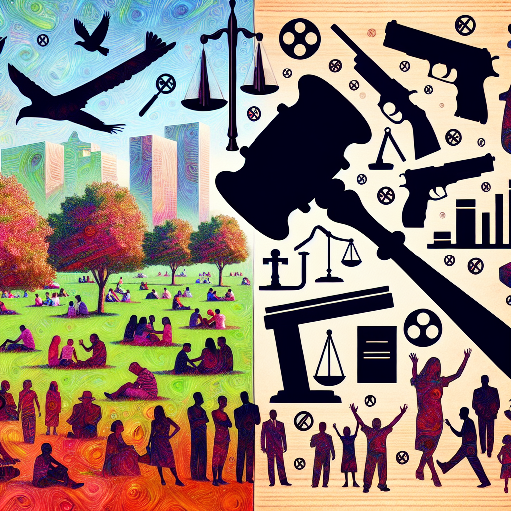An abstract representation of a peaceful society counterposed against legal documents and firearm symbols. Picture a harmonious scene with people of various descents and genders enjoying a day in a park. Meanwhile, subtle icons representing legal instruments hover in the backdrop, with a hint of firearm symbols too. Divide the image into two halves - one side representing the peaceful society and the other half hinting at federal gun control policies - bound together by a silhouette of a gavel. Let the colours of the peaceful society be vibrant and the other half of the image be in monochrome.