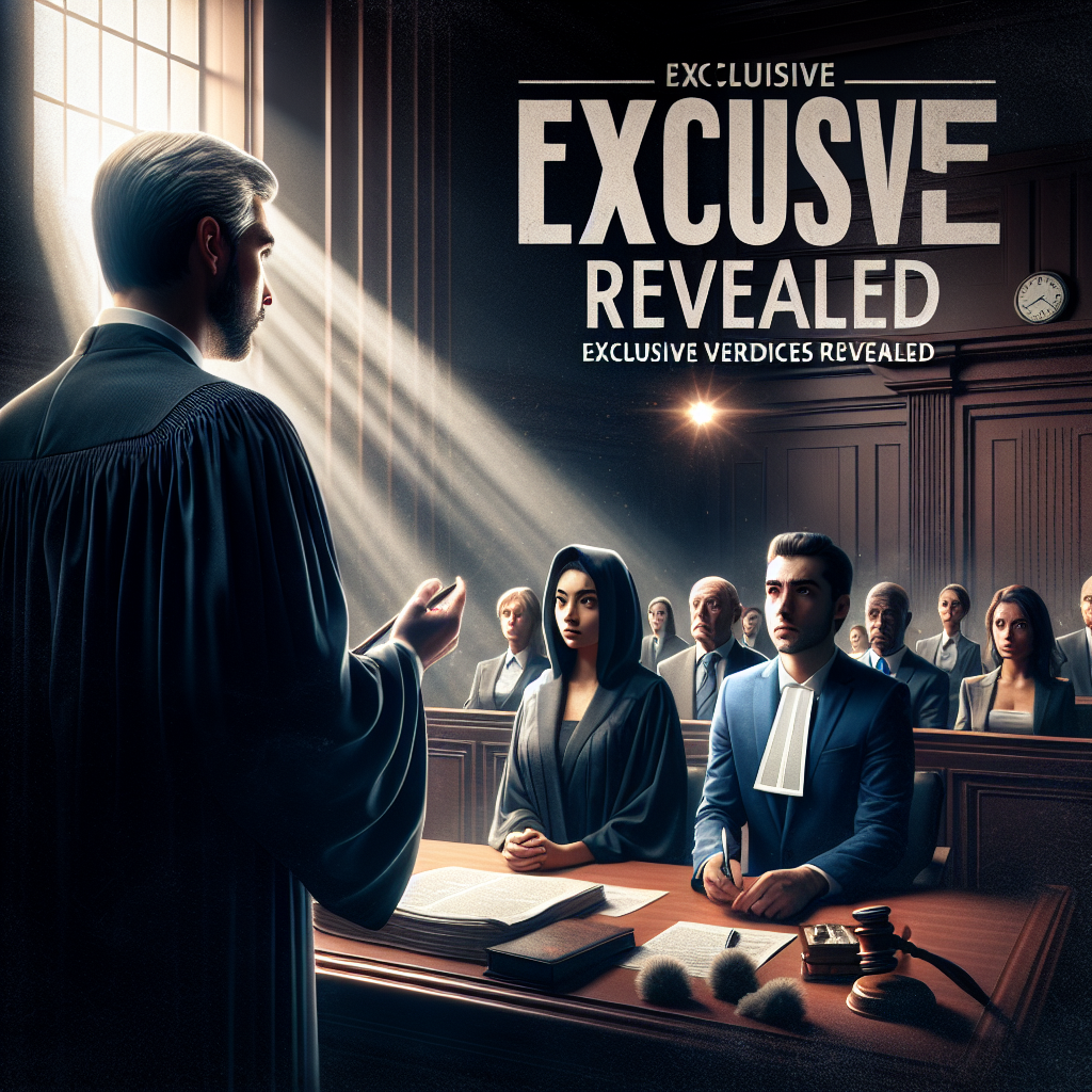 A grand courtroom scene with dramatic lighting to express the gravity of a high profile criminal trial. Caucasian male judge in robe with gavel, a nervous accused defendant with his middle-eastern female lawyer pleading the case, an anxious jury made up of diverse descent and genders. A headline text 'Exclusive Verdicts Revealed' is drawn upon the top of the image. Elements such as the court seal, evidence exhibits, court reporter taking notes can also be included. No specific individuals are identified in the prompt.