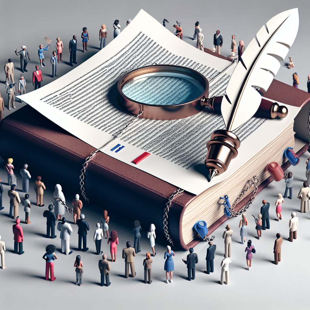 Visualize an abstract concept of voting law changes. The composition includes a large-scale, 3D model of a legislative document in the foreground, symbolizing voting law. Resting on top of it is a quill, representing the changes made post-election. Also, depict the concept of 'insight' by showing a pair of glasses or magnifying glass hovering above the document, observed by a diverse group of people. The group consists of people of different genders and descents such as Hispanic, Black, Caucasian, South Asian, and Middle-Eastern, embodying inclusiveness.