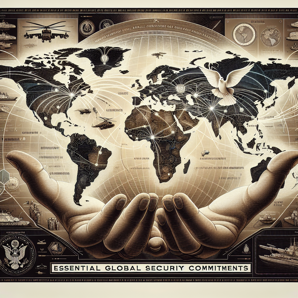 An intricately detailed world map where different regions are highlighted that shows the global reach and influence of a generic military organization. The highlighted regions are connected by dotted lines moving from the headquarters of this military organization, situated in North America. Above, the words 'Essential Global Security Commitments' are written boldly. The backdrop is a thoughtful mix of global security iconography - a dove symbolizing peace, an olive branch, and tightly clasped hands symbolizing unity and support. As a lower layer, there are faint representations of different military equipment - helicopters, tanks, submarines hinting at the military aspect of the scene.