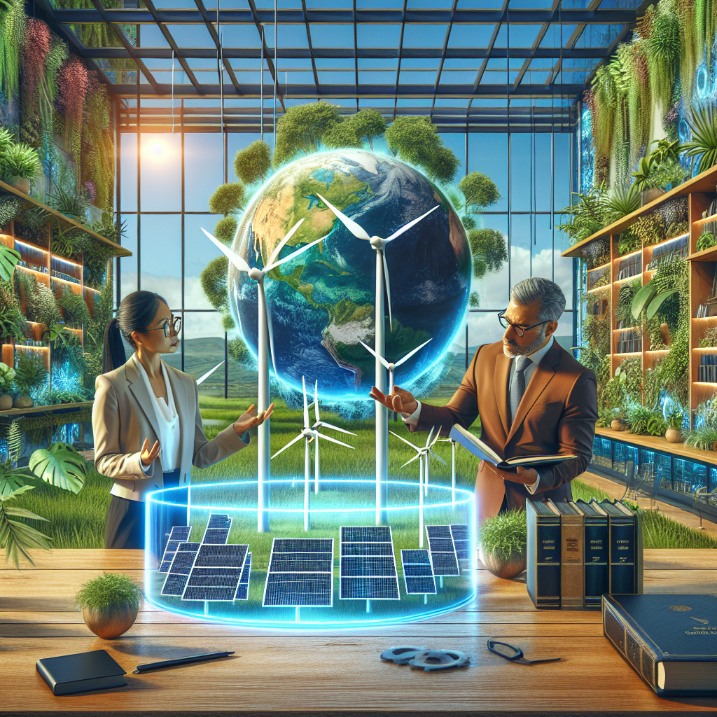 Illustrate an engaging scene representing clean energy investments as a strategy for climate change legislation. In the vibrant scene, imagine a pair of middle-aged experts—one South Asian woman and one Hispanic man—analyzing a holographic display of wind turbines, solar panels, and hydroelectric power facilities over a green earth. They are inside a modern, eco-friendly office filled with lush indoor plants, sunlight flooding in from the ceilings, and walls lined with vertical gardens. Add a leather-bound book on the desk titled 'Climate Change Legislation', providing subtext to the image.