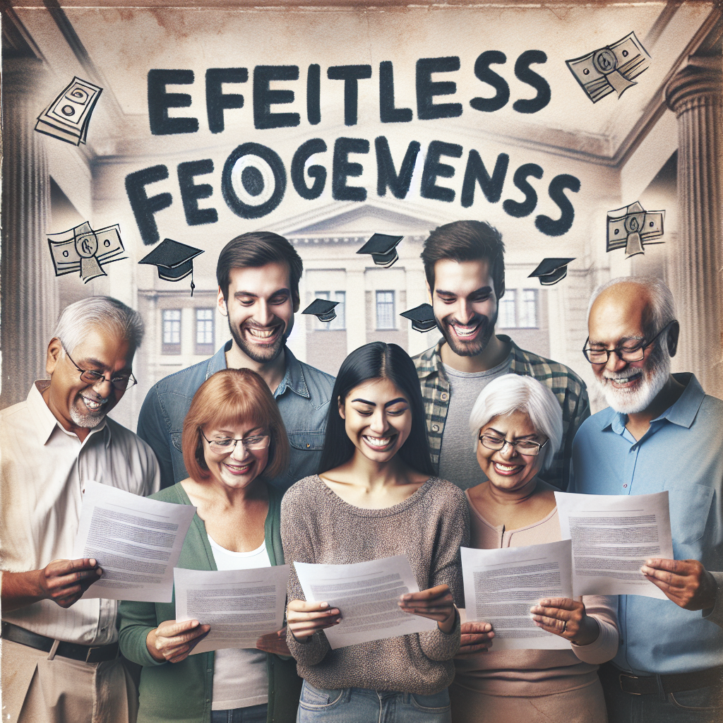 An image showing a diverse group of adults celebrating their student loan forgiveness. The group consists of a middle-aged Hispanic man, a young South Asian woman, a Black woman in her early thirties, a White man in his twenties, and a Middle-eastern woman in her forties. They are all holding and examining paperwork with relief and joy in their faces, with a barely visible faded background of a university scene. The words 'Effortless Forgiveness Programs' are floating around them in large, friendly letters.