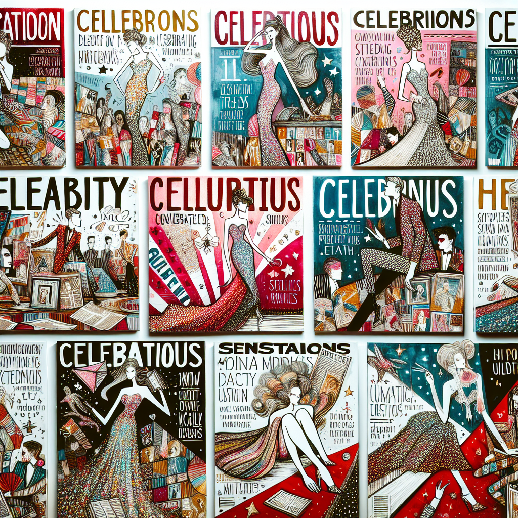 Create an eclectic mix of hand-drawn magazine covers featuring the latest cultural trends and milestones. The magazines have an array of captivating, artistic illustrations portraying abstract, stylized human figures engaged in various activities like celebrating, conversing or walking on a red carpet. They are not specific celebrities but generic figures with sparkling dresses, sharp suits and glamorous accessories. The headlines are a mix of sensational updates, milestones and gossip in bold, eye-catching fonts. The background showcases a mixture of vibrant colors, adding to the lively and dramatic atmosphere of the celebrity world.
