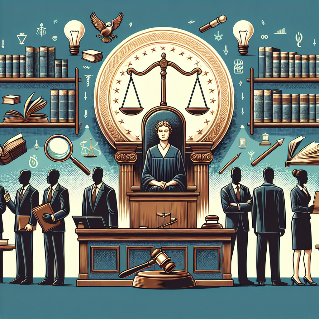 Picture a traditional courtroom setting with a stately judge's bench, large court seal on the wall, and lawyers standing with case files in hands. Capture the feeling of importance and weight in the room. Include in the scene impactful symbols like justice scales and a gavel to signify the gravity of Supreme Court rulings. Also visualize a bookshelf filled with legal books and documents to represent the vast jurisprudence. Finally, incorporate elements like arrows, light bulbs, and magnifying glasses conveying the concepts of analysis, insights, and their effects.
