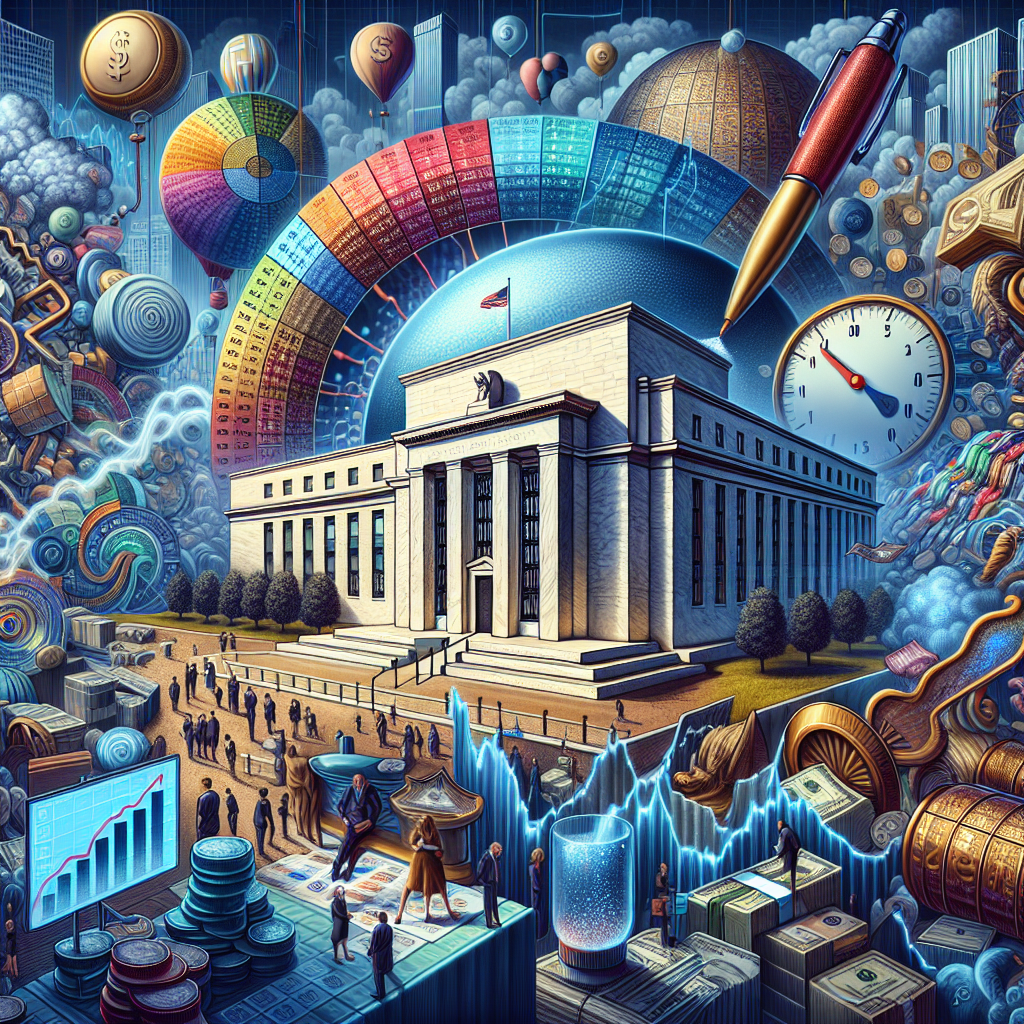 A financial concept landscape featuring the symbolic representation of the Federal Reserve as a powerful institution. In this intensely detailed scene, the main focus is a large, neoclassical building as an embodiment of the Federal Reserve. This building is surrounded by an array of abstract elements relating to interest rate decisions, such as large numbered dials or scales shifting, giant pens signing documents, or a chart with patterns on a giant screen nearby. Another important segment of the portrait depicts inflation, represented by a big balloon slowly filling with air, showing volatility and potential danger. This all is encapsulated within a dynamic market environment, bristling with bustling traders of different descents and genders.