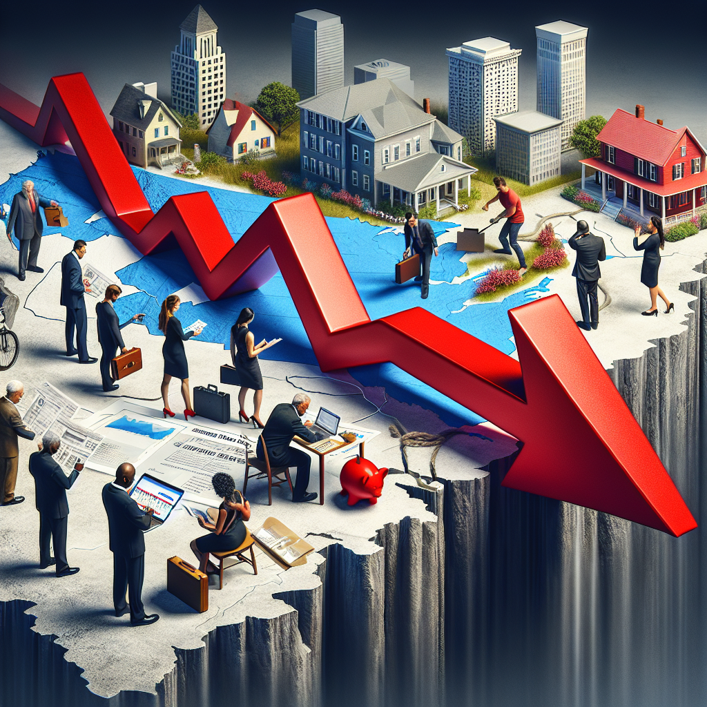 Imagine a dynamic scene portraying the concept of US housing market and rising mortgage rates. Depict a massive red arrow, symbolizing rising mortgage rates, piercing through a 3D map of the United States. Nine diverse individuals are navigating through this challenging sheer cliff. There's an African American businessman analyzing a chart, a Caucasian female architect examining housing blueprints, a South Asian bank executive with a calculator, a Hispanic single mom with a piggy bank, a Middle-Eastern real estate agent with a house model, a Black college graduate searching for housing options online, a White elderly couple checking their retirement funds, an East Asian mortgage broker on a laptop, and a Native American military veteran studying a loan agreement. Evoking tension, ambition, and determination.