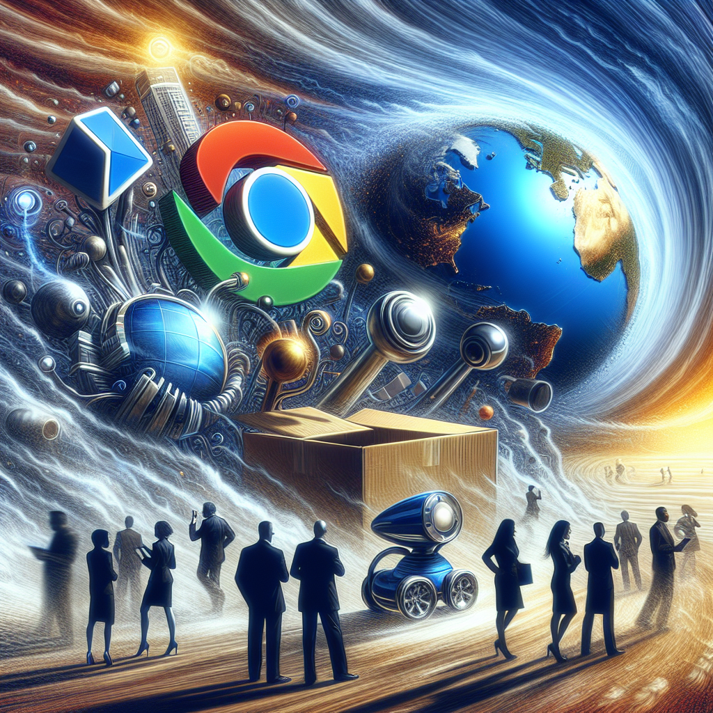 A dramatic scene expressive of a tech crisis, featuring emblematic symbols of four major technology companies: an abstract representation of a search engine icon, an e-commerce box, a metaphysical reality globe, and an electric car. These icons are experiencing a brisk wind, symbolizing a difficult business environment. In the foreground, a diverse group of employees, both men and women of various descents such as Black, Hispanic, Middle-Eastern and Asian, are shown being resilient, discussing strategies, and finding new opportunities amid job cuts.