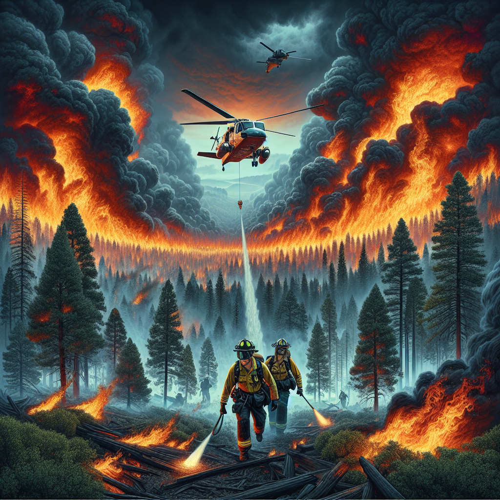 Visualize a dramatic scene portraying the pressing issue of forest wildfire. Picture intense orange and red flames consuming a forest in the distance, beneath a smoke-filled sky. In the foreground, firefighters, one Caucasian woman and one Black man, both in protective gear, working tirelessly to combat the flames. A helicopter, pertinent to the word 'unprecedented', is seen flying above, ready to drop a large amount of water on the fire. In the corner of the image write 'Wildfire Emergencies in the US: Unprecedented Response Required'.