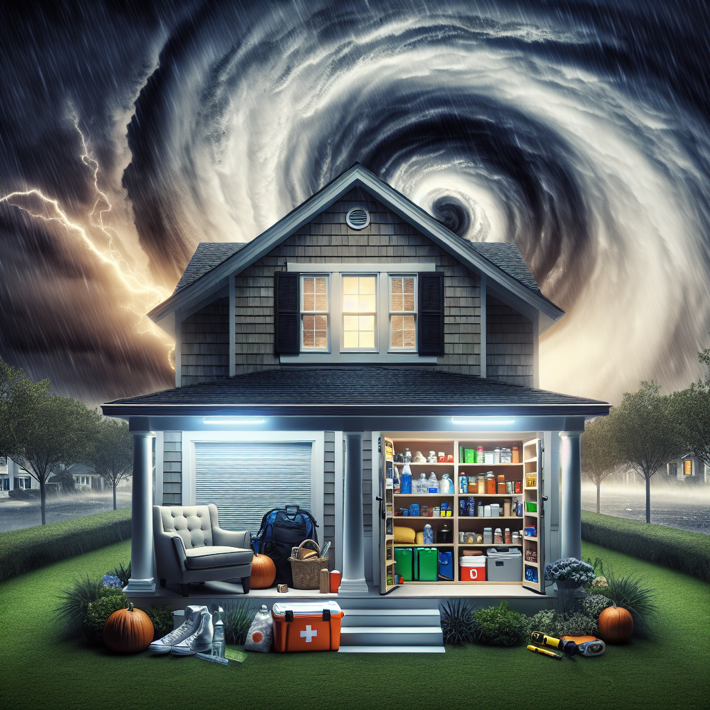Picture this: A home prepared for the hurricane season. The house is caucasian owned and reflects a well-built structure, sturdy windows, and a robust, reinforced roof to resist high winds. There's a designated safe room inside filled with essential emergency supplies such as food stockpile, bottled water, first-aid kit, flashlights, radios and batteries. Outside, the lawn contains trimmed trees to prevent any potential damage. In the background, a dark, churning storm forms, symbolizing looming danger. Including an overlay of text at the top stating 'FEMA Hurricane Season Alerts: Essential Emergency Preparedness Updates'.
