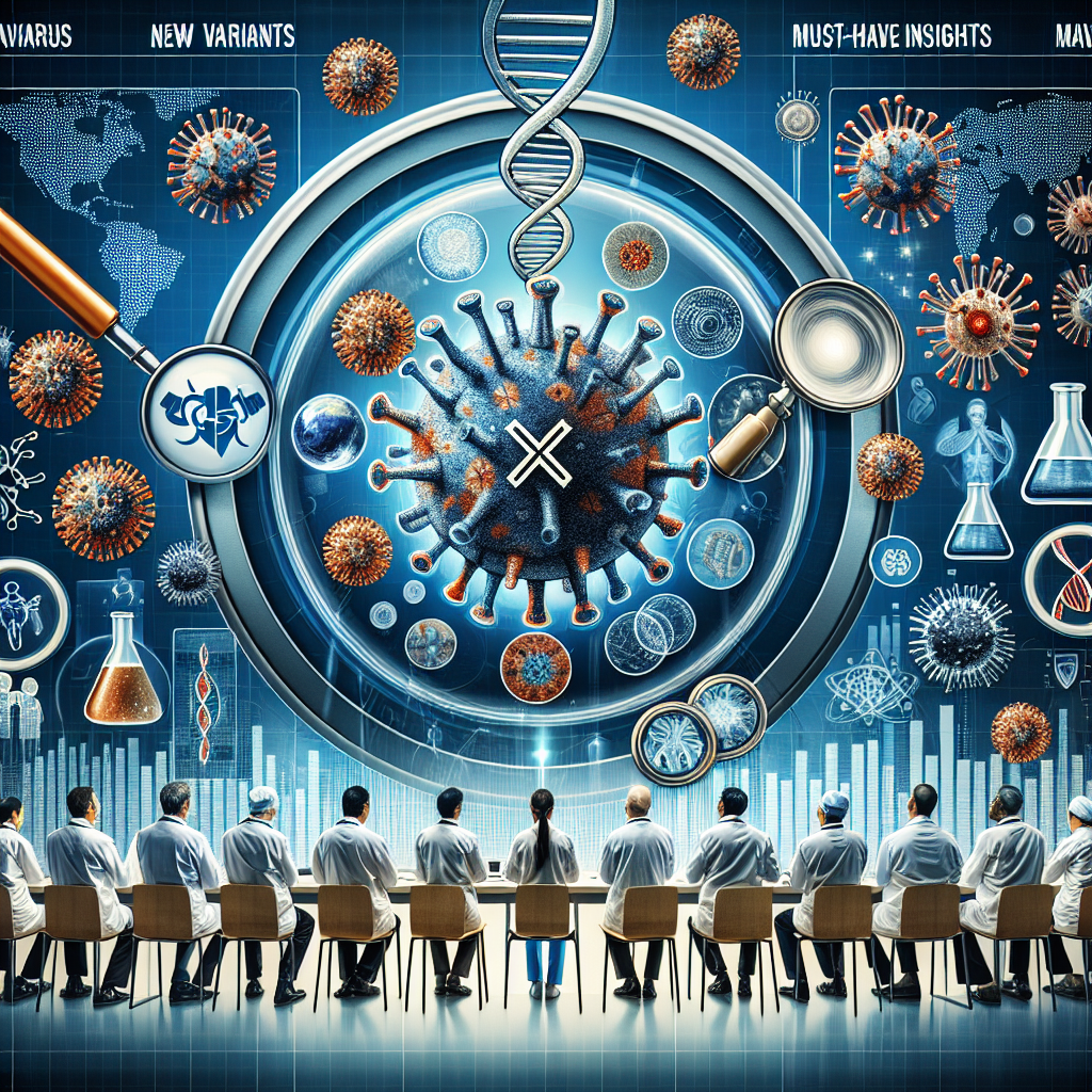 A detailed medical themed illustration including elements like a magnified representation of the coronavirus, an emblem of the virus with a cross on it representing the new variants, along with a CDC (Center for Disease Control) symbol. The background hosts a collage of related images such as a globe signifying global impact, the structure of a DNA to indicate mutation, and a microscope to represent scientific research. The image also features diverse group of doctors of various descents, including Asian, Hispanic, and Middle Eastern, actively discussing over a large screen displaying prominent headlines that say 'New Variants' and 'Must-Have Insights'.