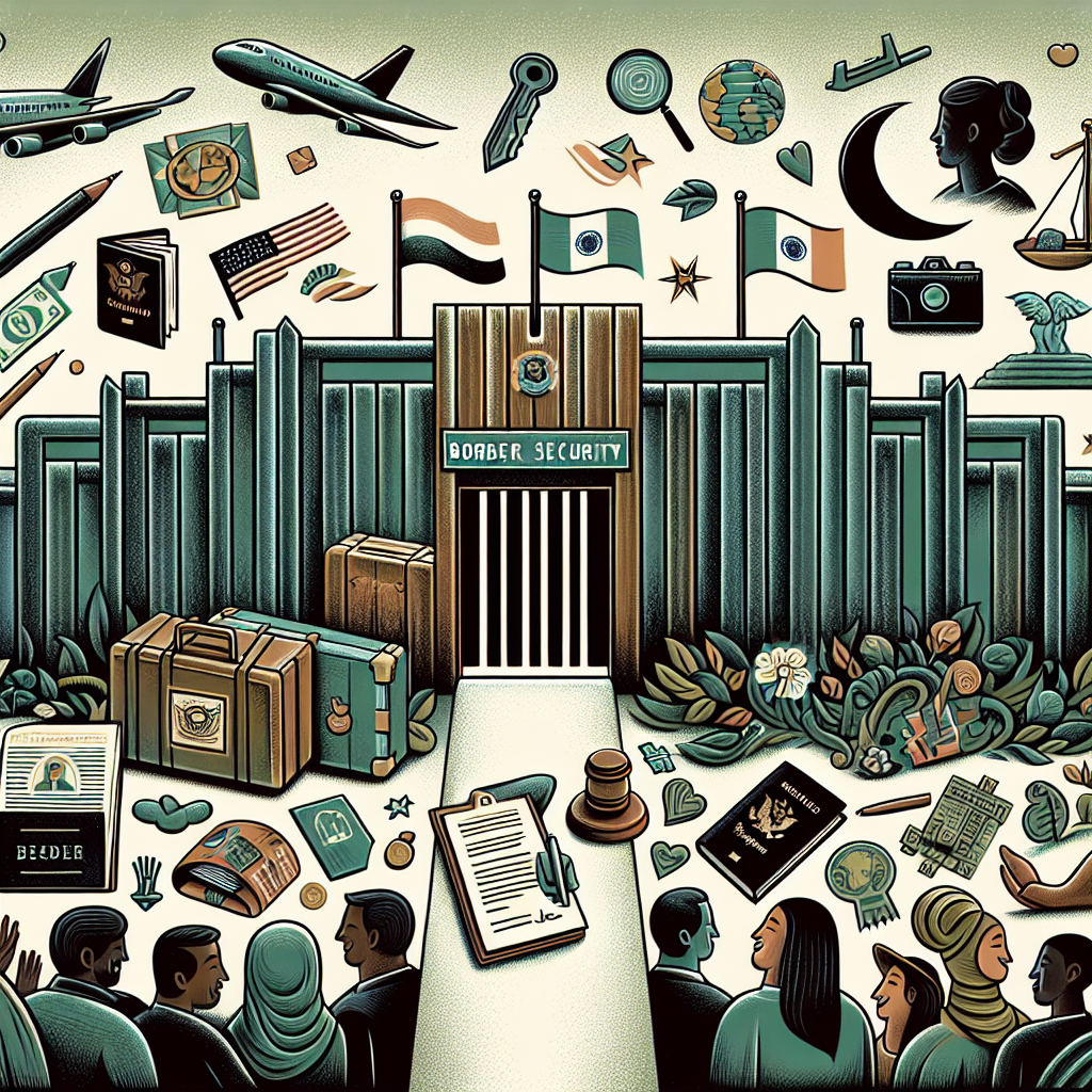 An illustration capturing the essence of immigration policy changes and improved border security. Depict different elements of this theme such as a secure but welcoming border, represented by a robust fence or wall with an open, welcoming gate. Include symbols of immigration like luggage, passports, and hopeful faces of a diverse group of people conveying various descents like Caucasian, Hispanic, Black, Middle-Eastern, South Asian, and White. Also, use symbols of policy change such as legislative documents, gavels, or pens. Use earth tones to provide a balanced and neutral perspective.
